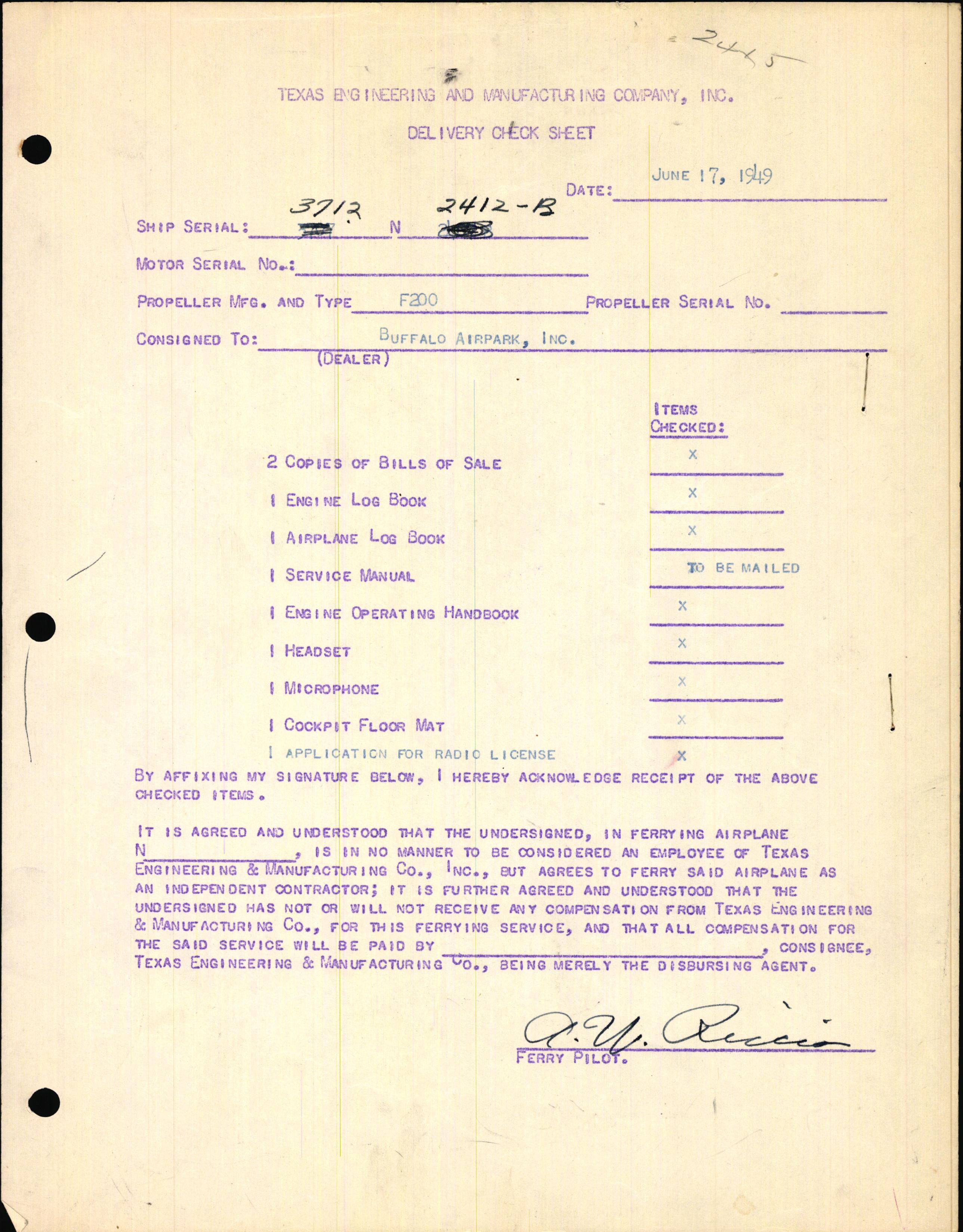Sample page 1 from AirCorps Library document: Technical Information for Serial Number 3712