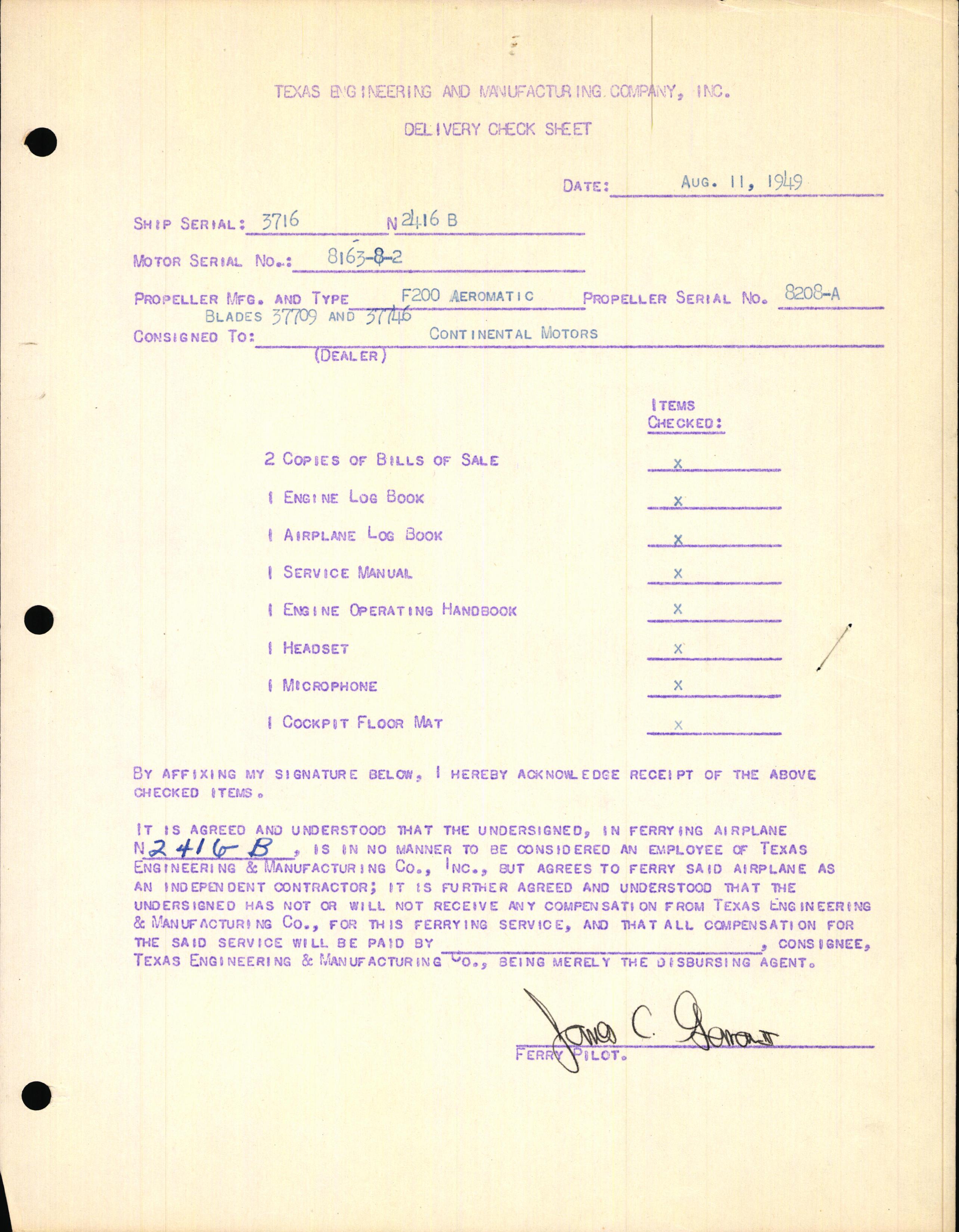 Sample page 1 from AirCorps Library document: Technical Information for Serial Number 3716