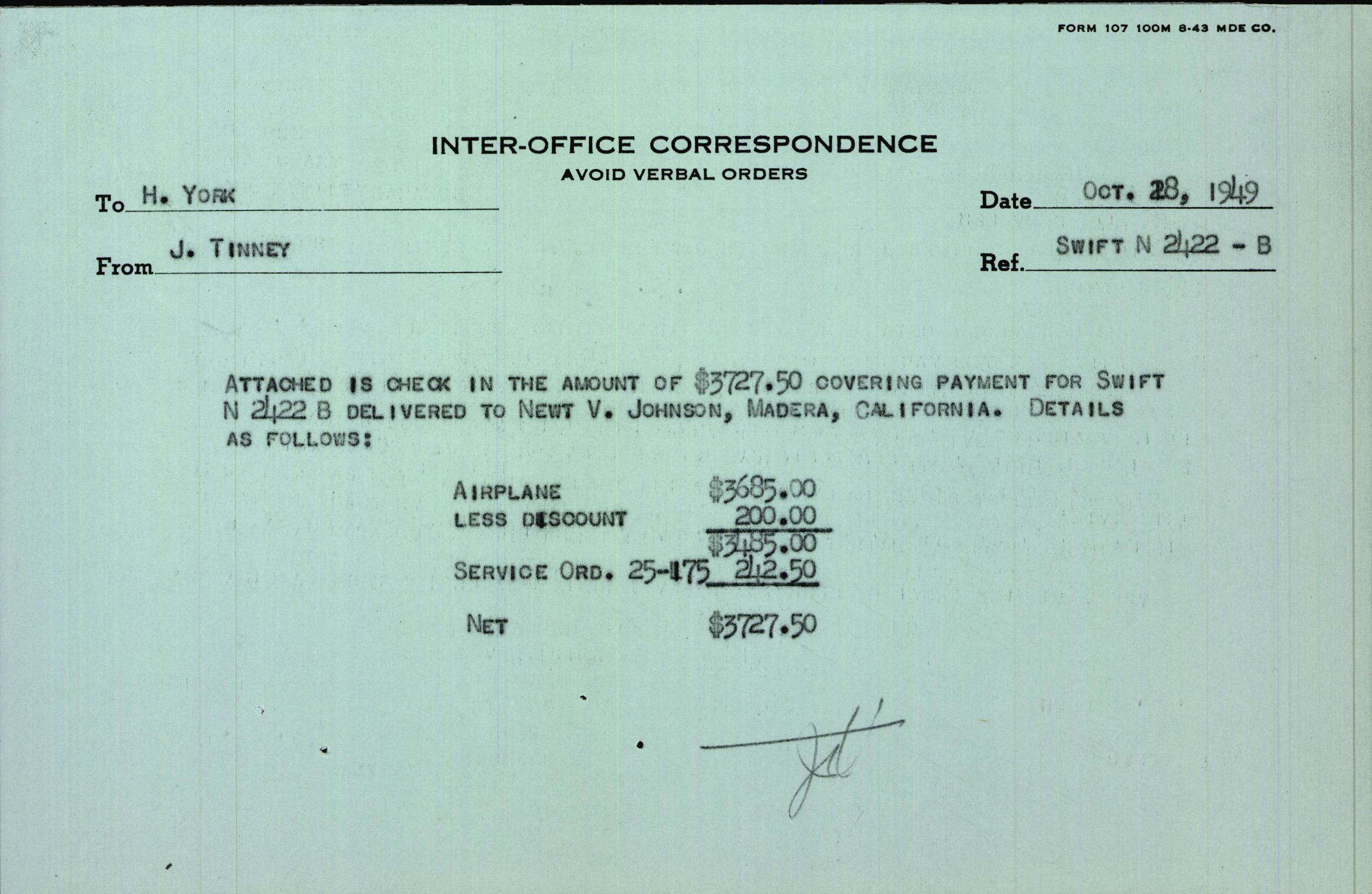 Sample page 1 from AirCorps Library document: Technical Information for Serial Number 3722