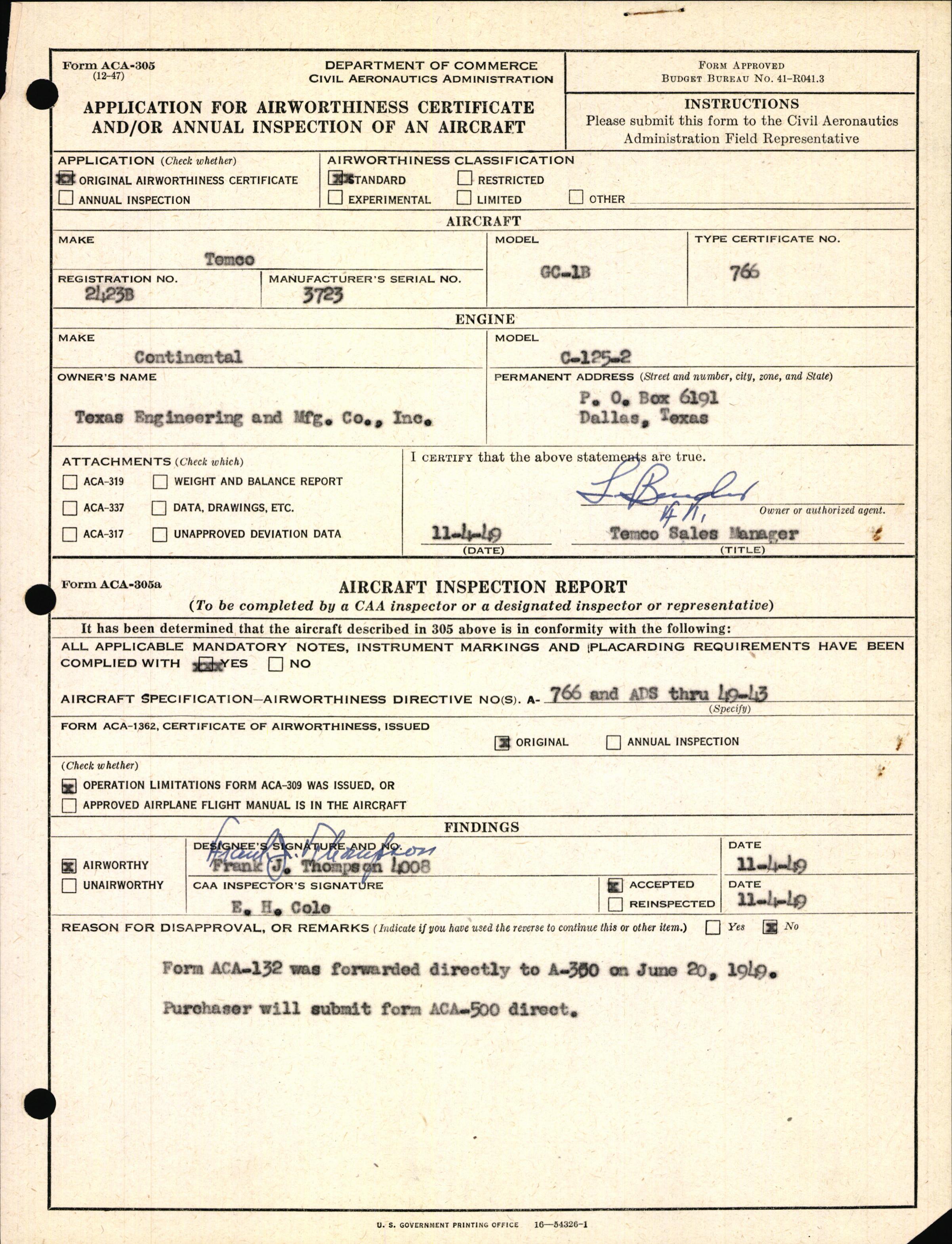 Sample page 1 from AirCorps Library document: Technical Information for Serial Number 3723