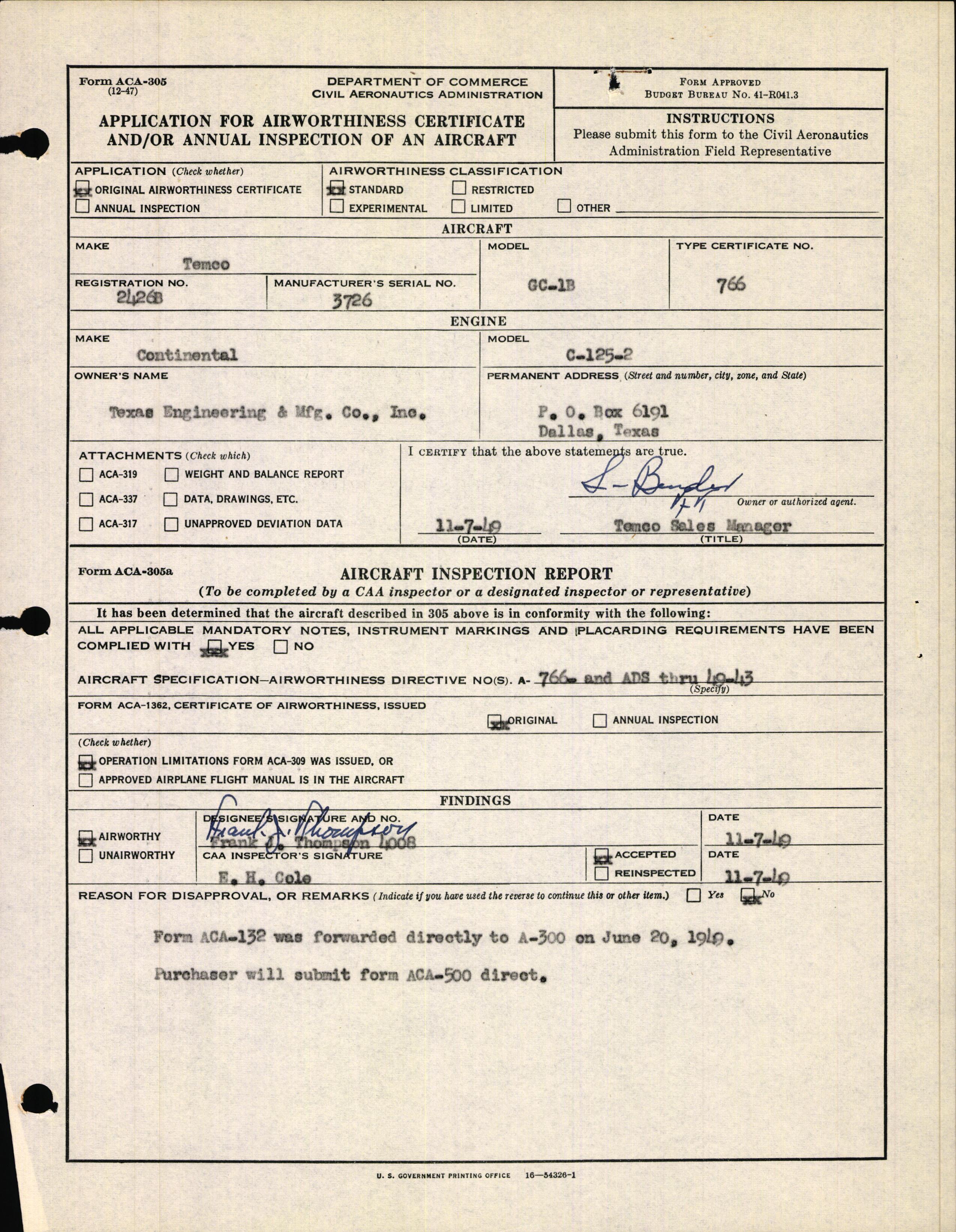 Sample page 1 from AirCorps Library document: Technical Information for Serial Number 3726