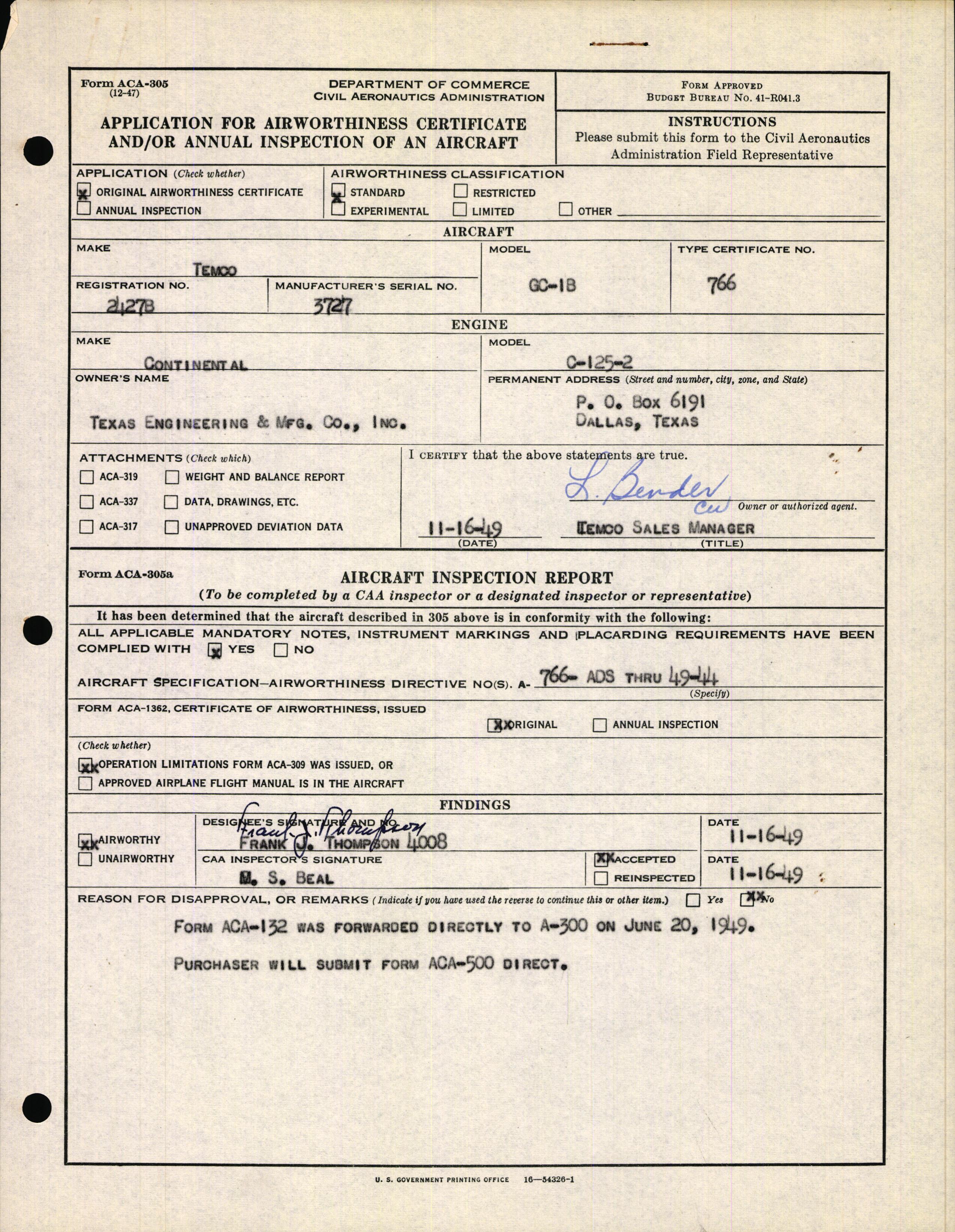 Sample page 1 from AirCorps Library document: Technical Information for Serial Number 3727