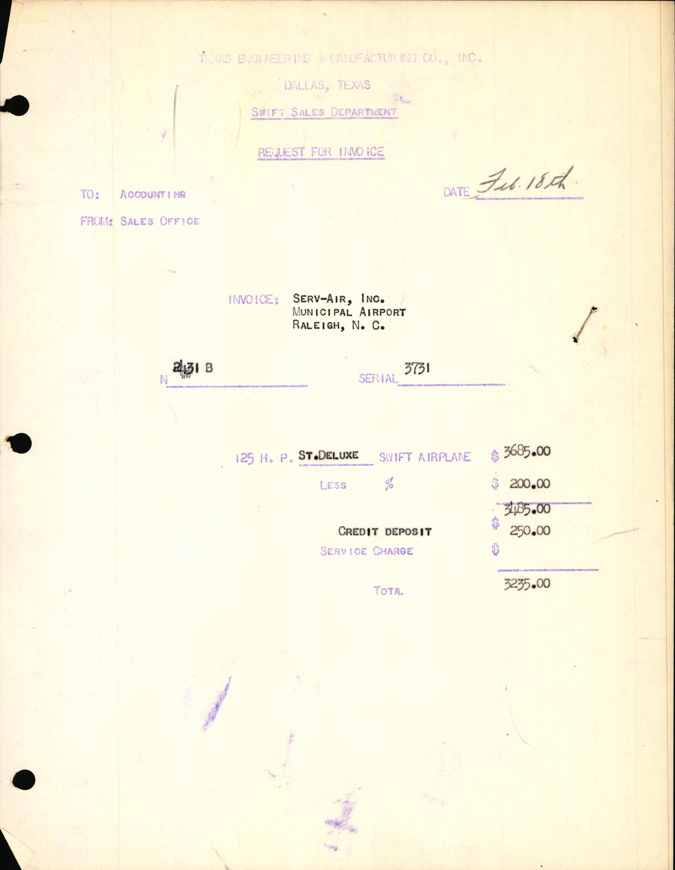 Sample page 1 from AirCorps Library document: Technical Information for Serial Number 3731