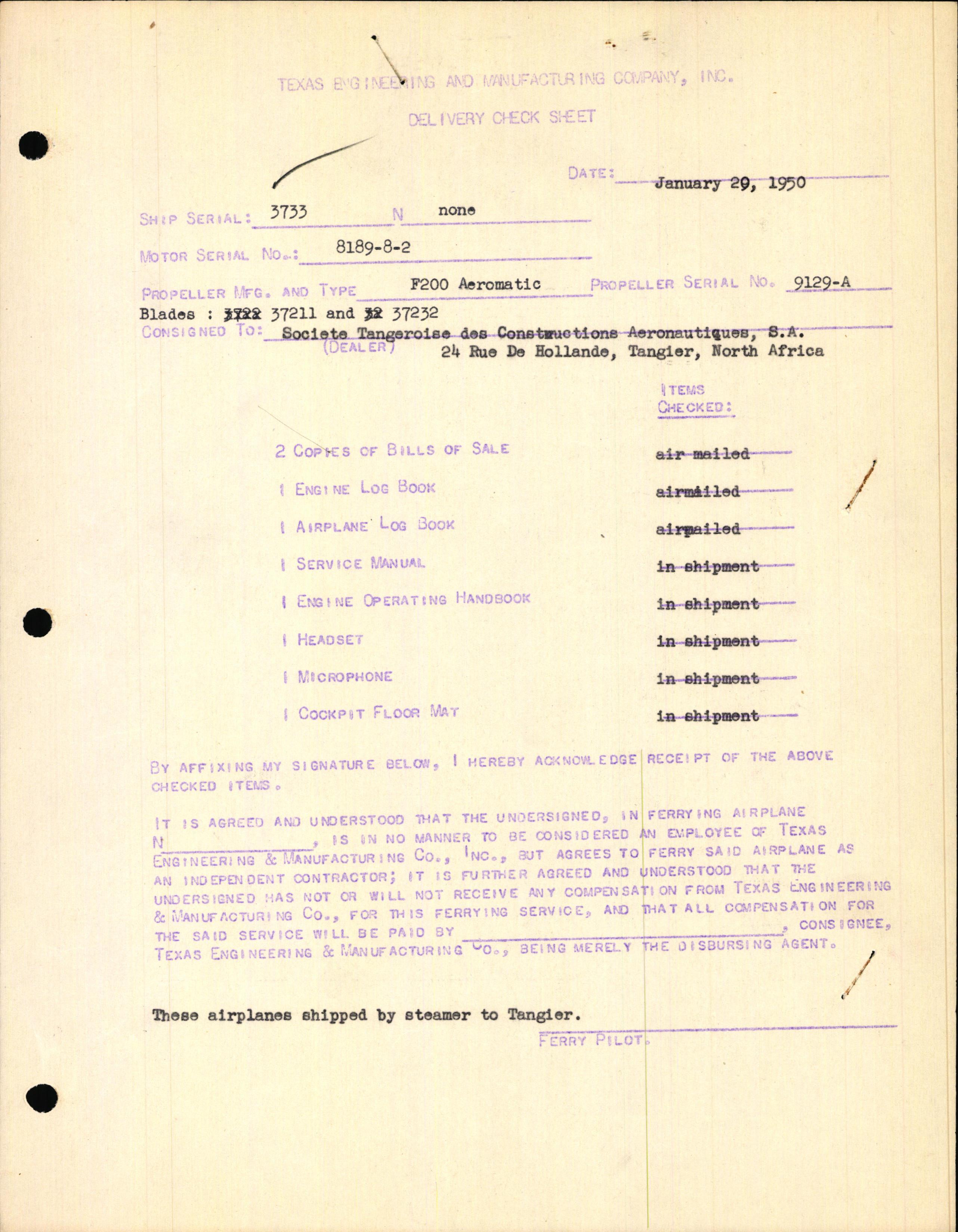 Sample page 1 from AirCorps Library document: Technical Information for Serial Number 3733
