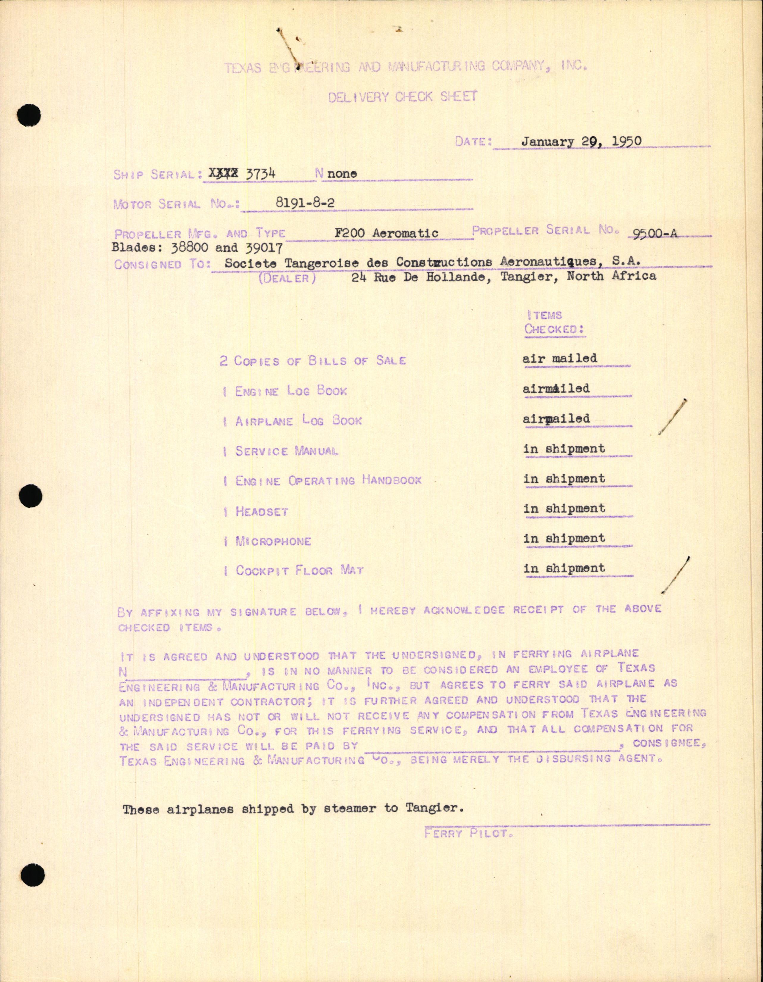 Sample page 1 from AirCorps Library document: Technical Information for Serial Number 3734