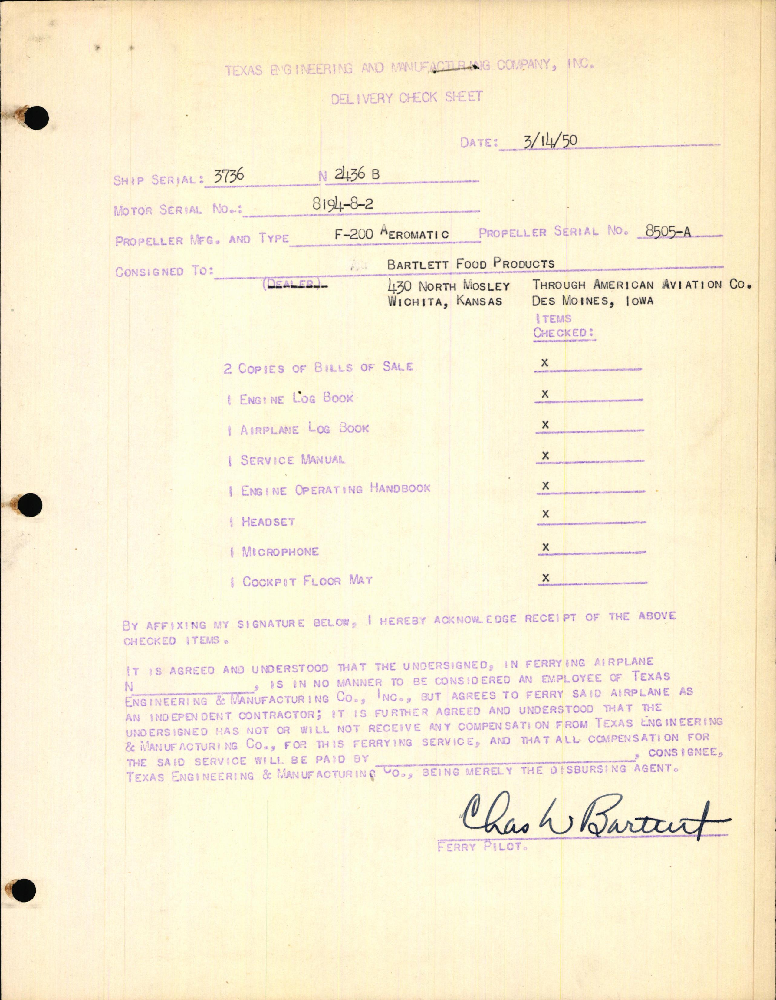 Sample page 1 from AirCorps Library document: Technical Information for Serial Number 3736
