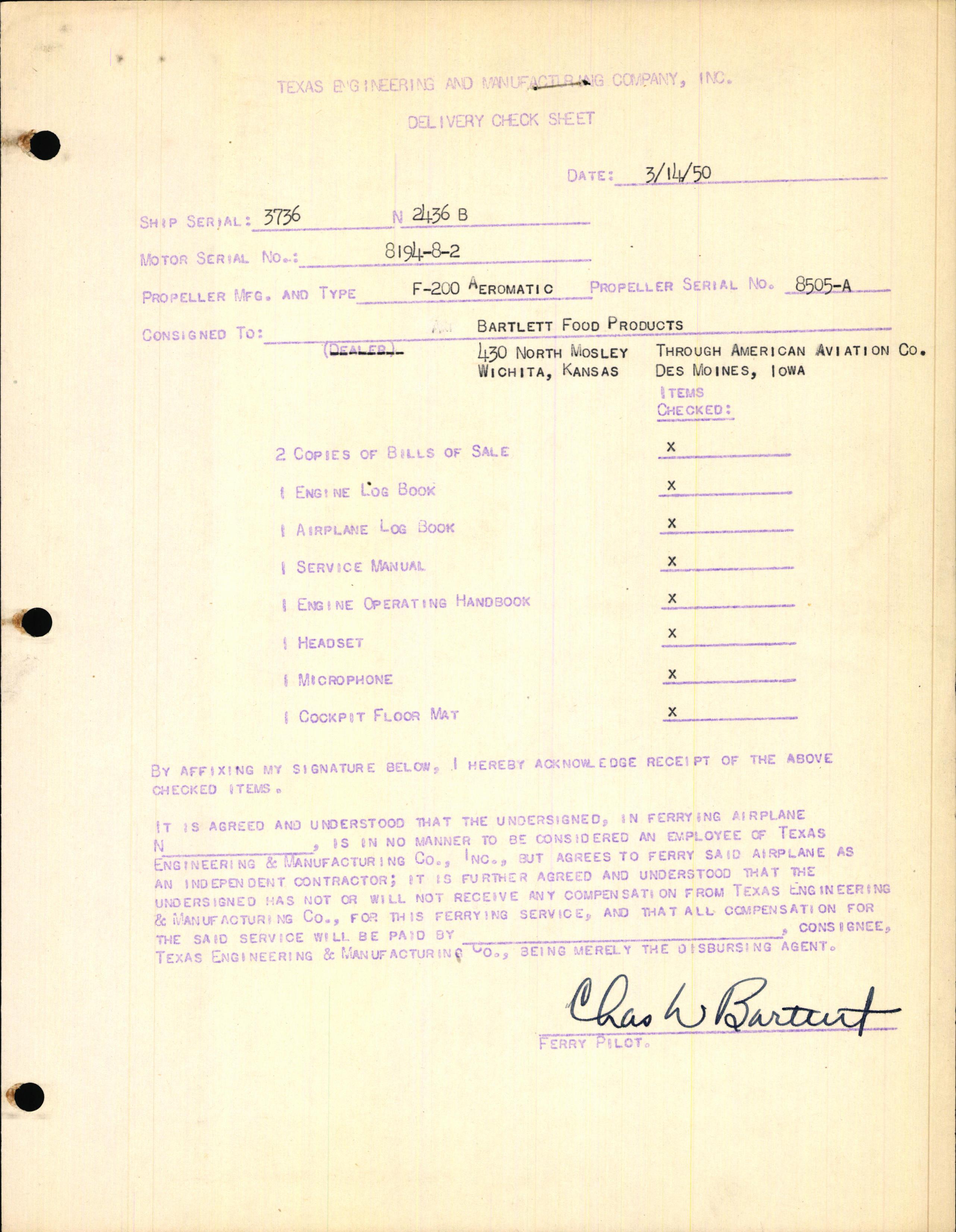 Sample page 1 from AirCorps Library document: Technical Information for Serial Number 3736