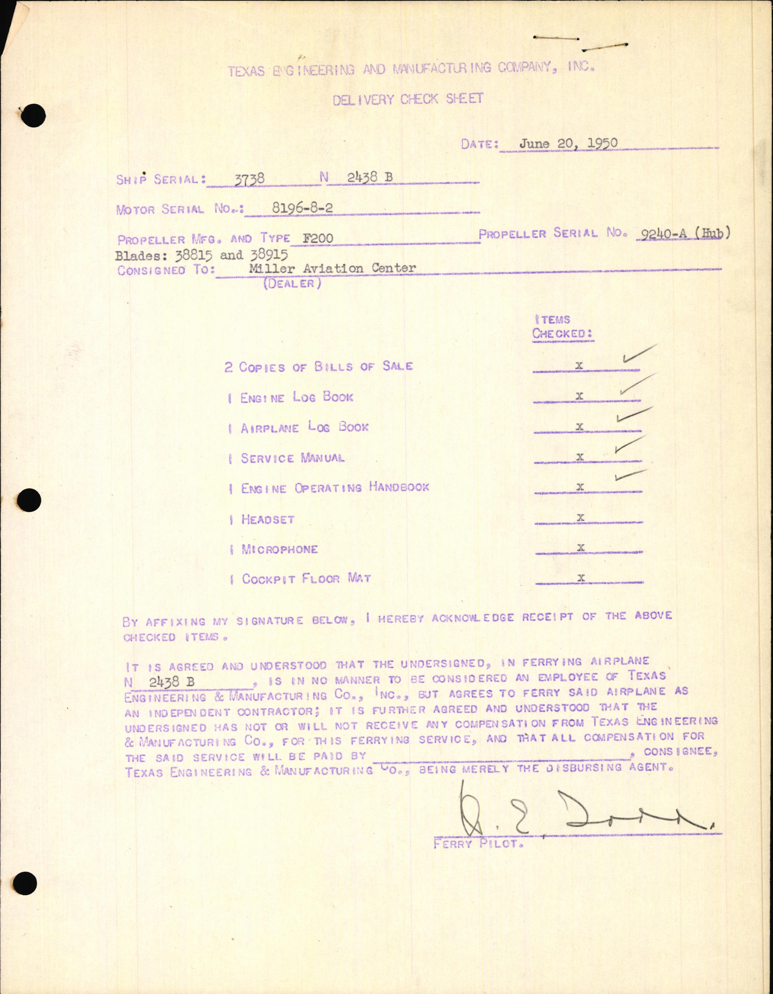 Sample page 1 from AirCorps Library document: Technical Information for Serial Number 3738