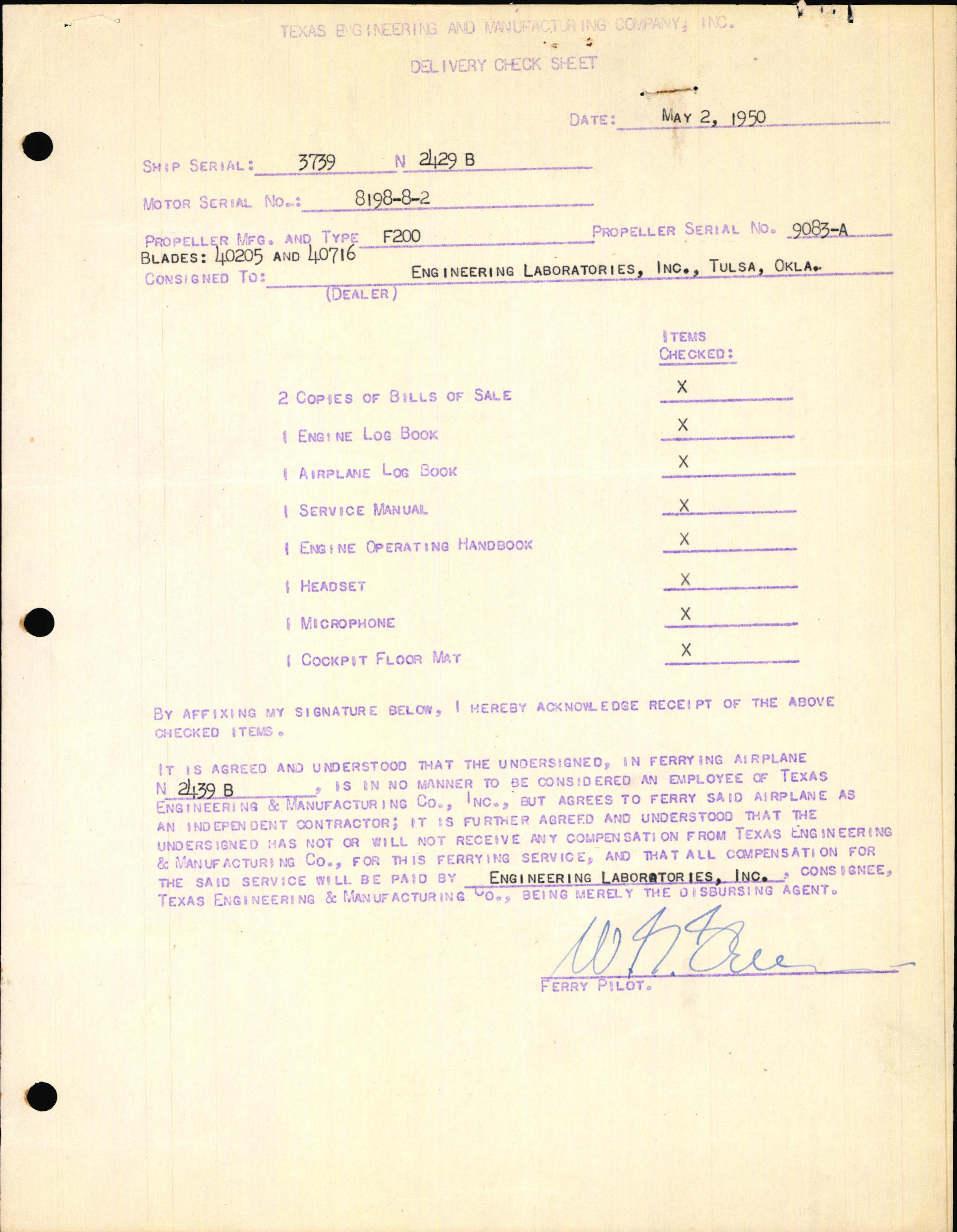 Sample page 1 from AirCorps Library document: Technical Information for Serial Number 3739