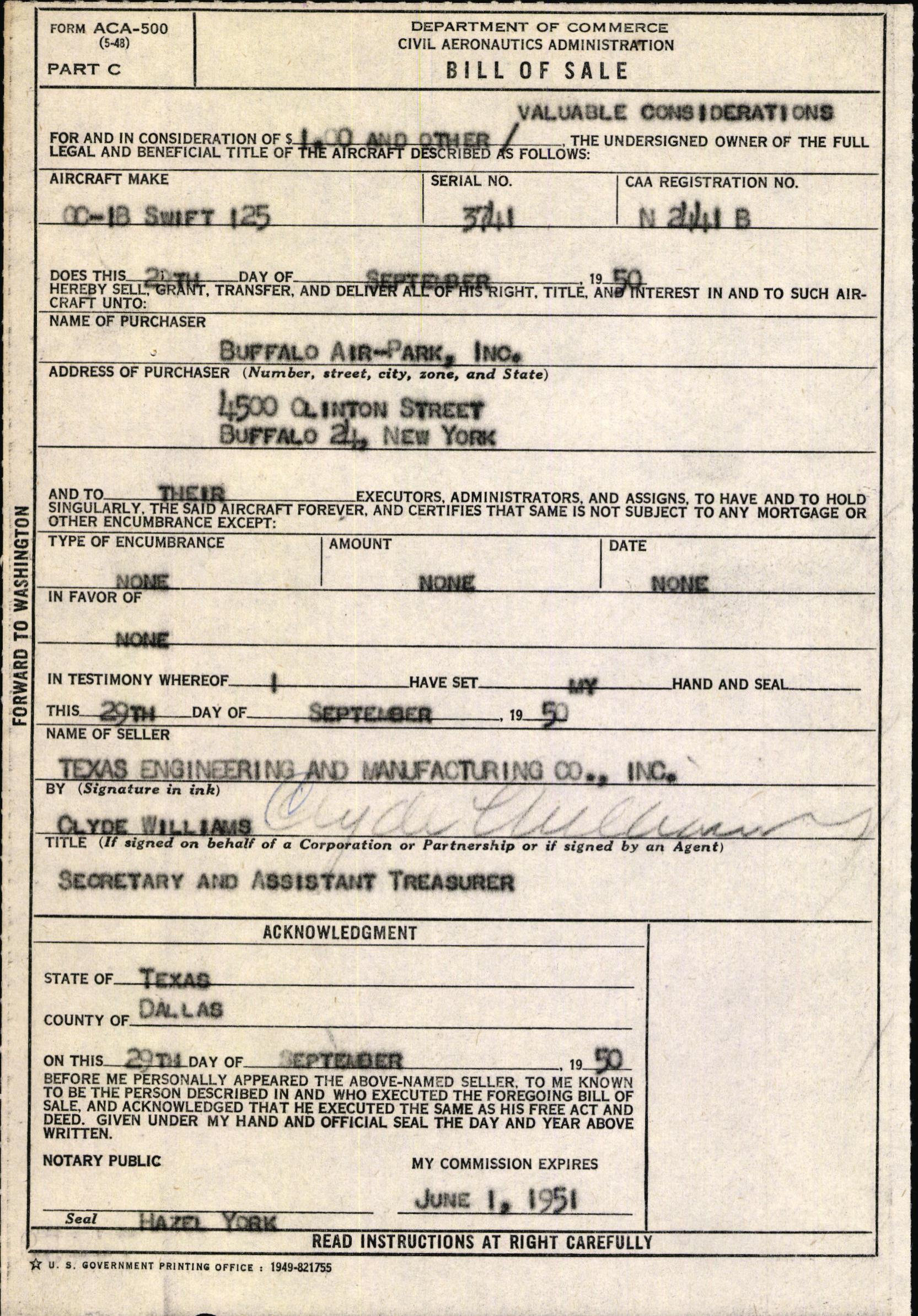 Sample page 1 from AirCorps Library document: Technical Information for Serial Number 3741