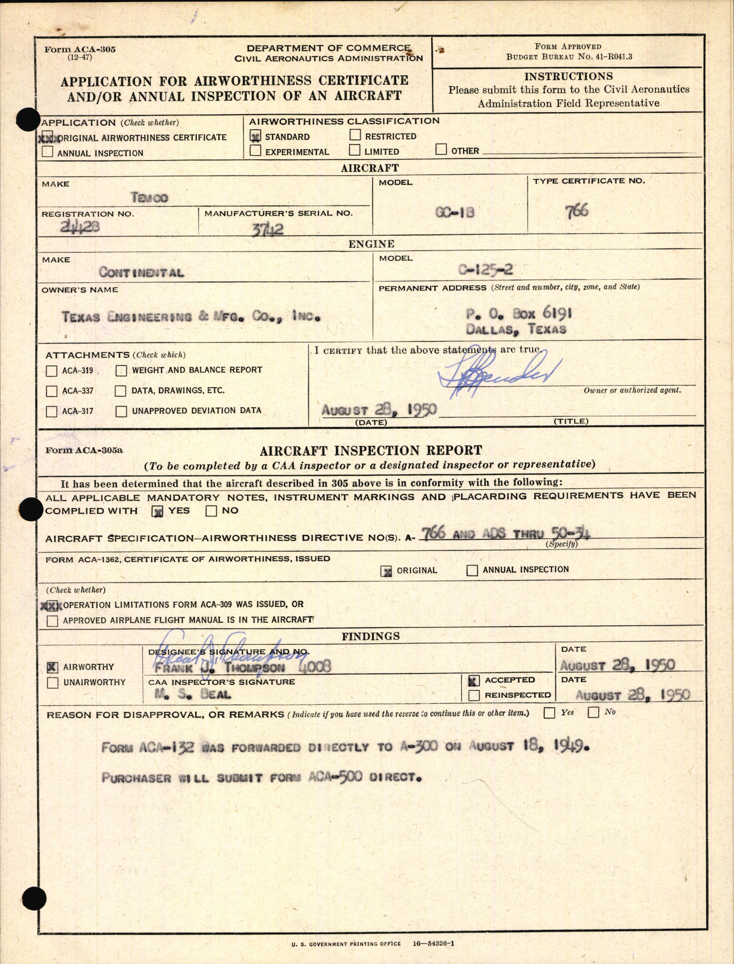 Sample page 1 from AirCorps Library document: Technical Information for Serial Number 3742