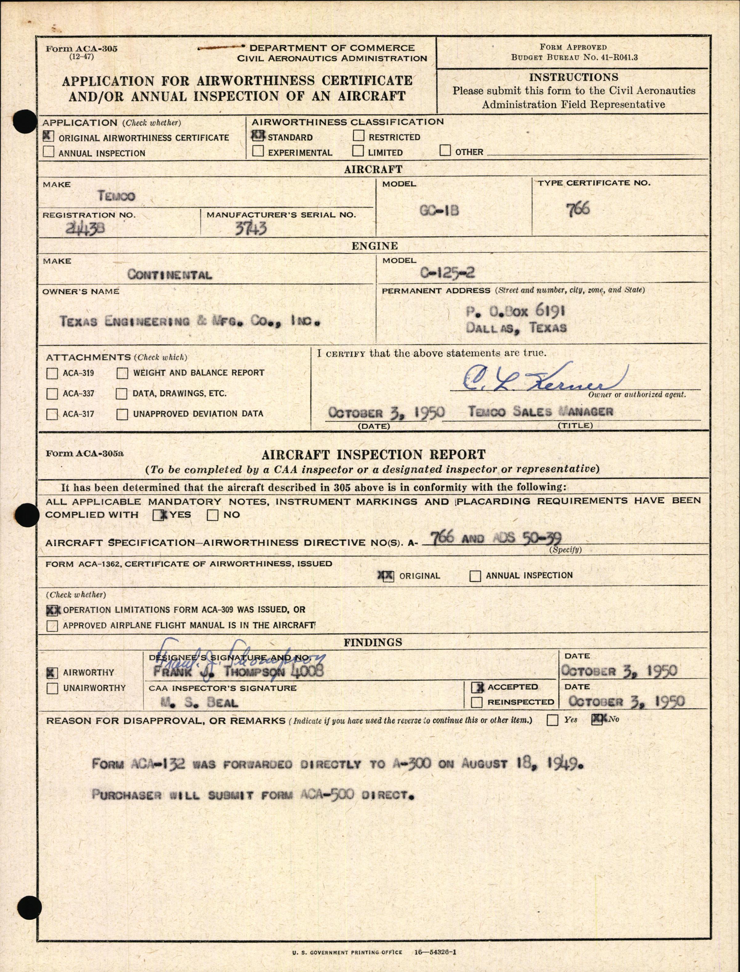 Sample page 1 from AirCorps Library document: Technical Information for Serial Number 3743