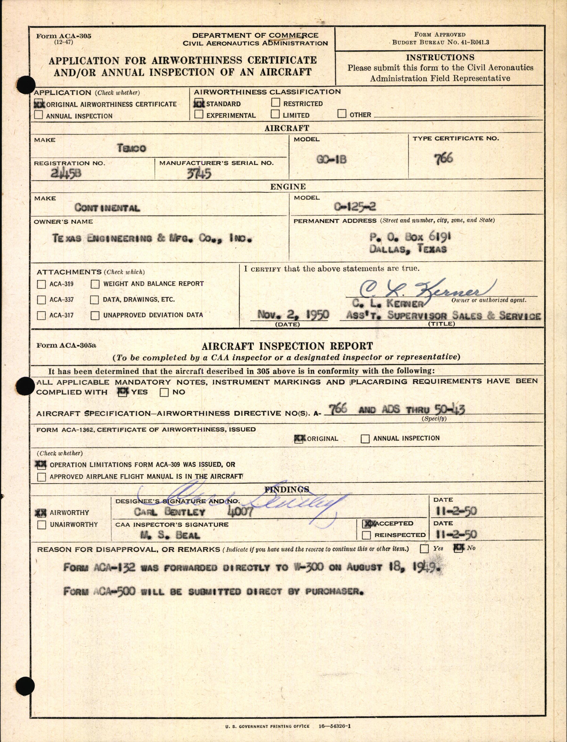 Sample page 1 from AirCorps Library document: Technical Information for Serial Number 3745