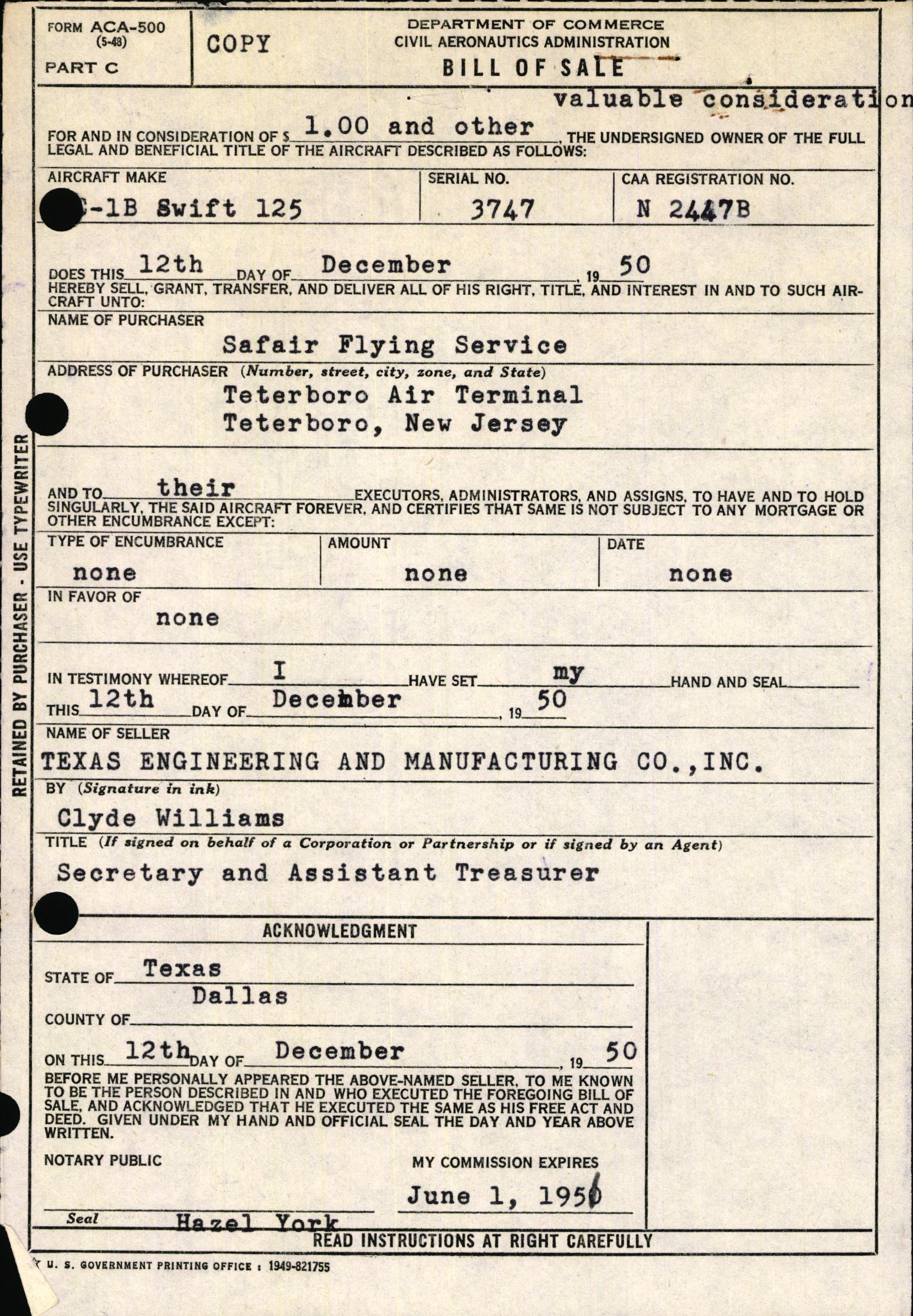 Sample page 1 from AirCorps Library document: Technical Information for Serial Number 3747