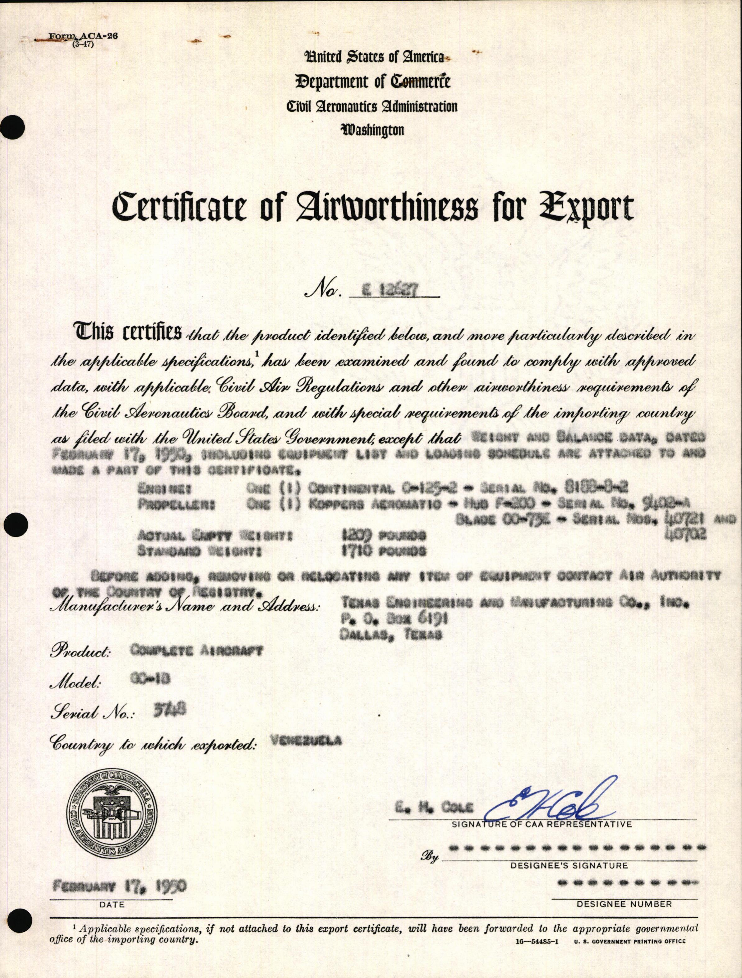 Sample page 1 from AirCorps Library document: Technical Information for Serial Number 3748