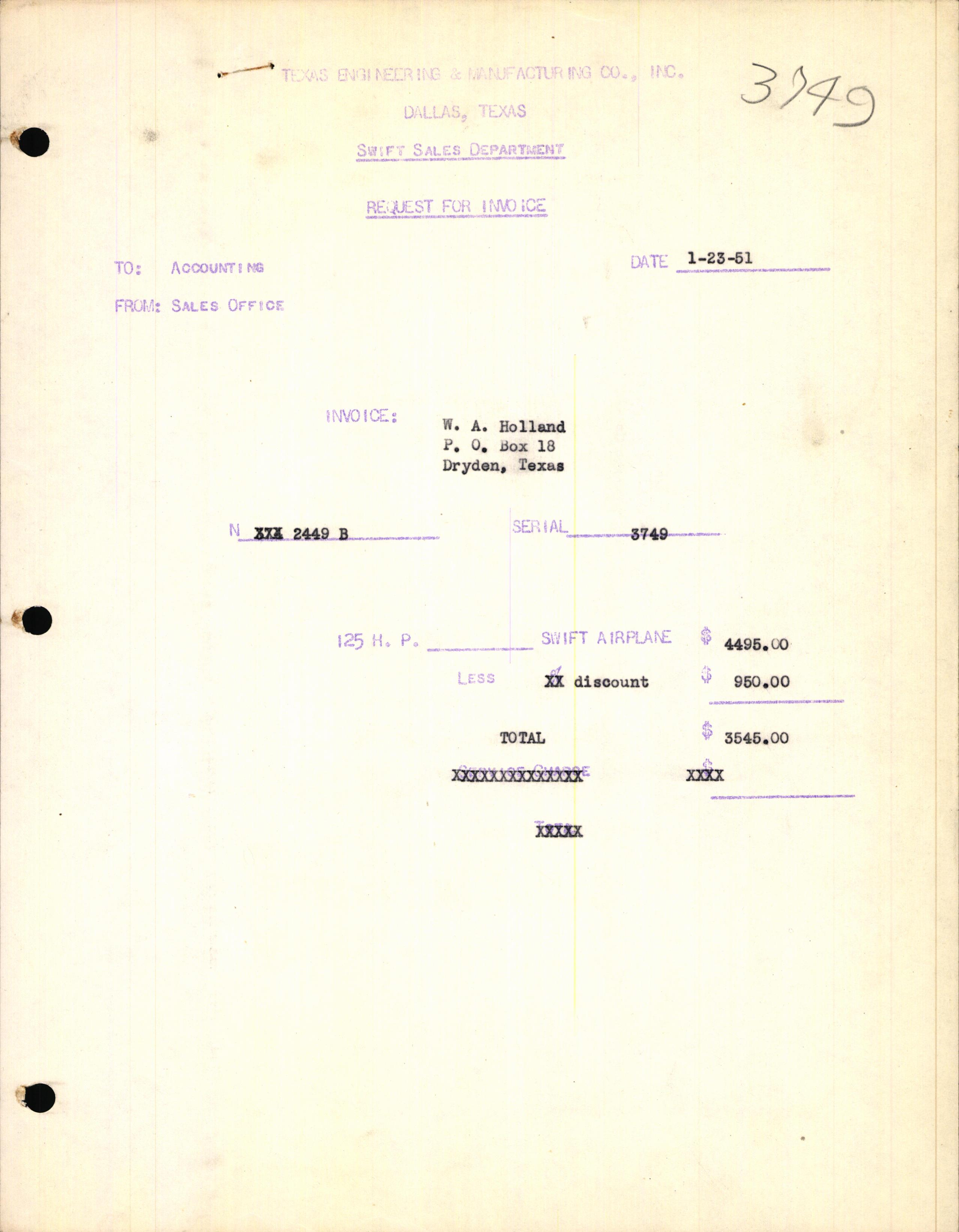 Sample page 1 from AirCorps Library document: Technical Information for Serial Number 3749