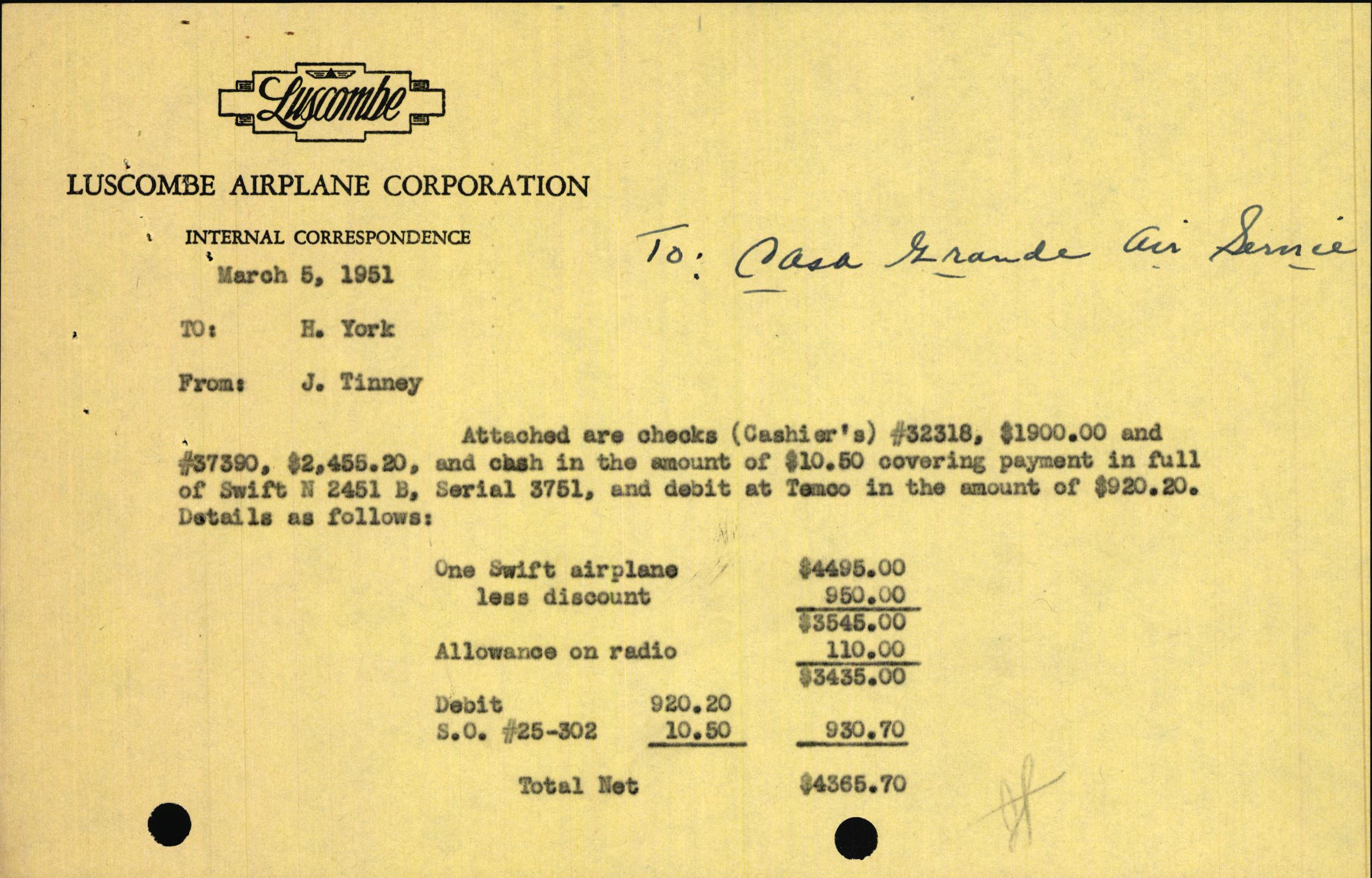 Sample page 1 from AirCorps Library document: Technical Information for Serial Number 3751