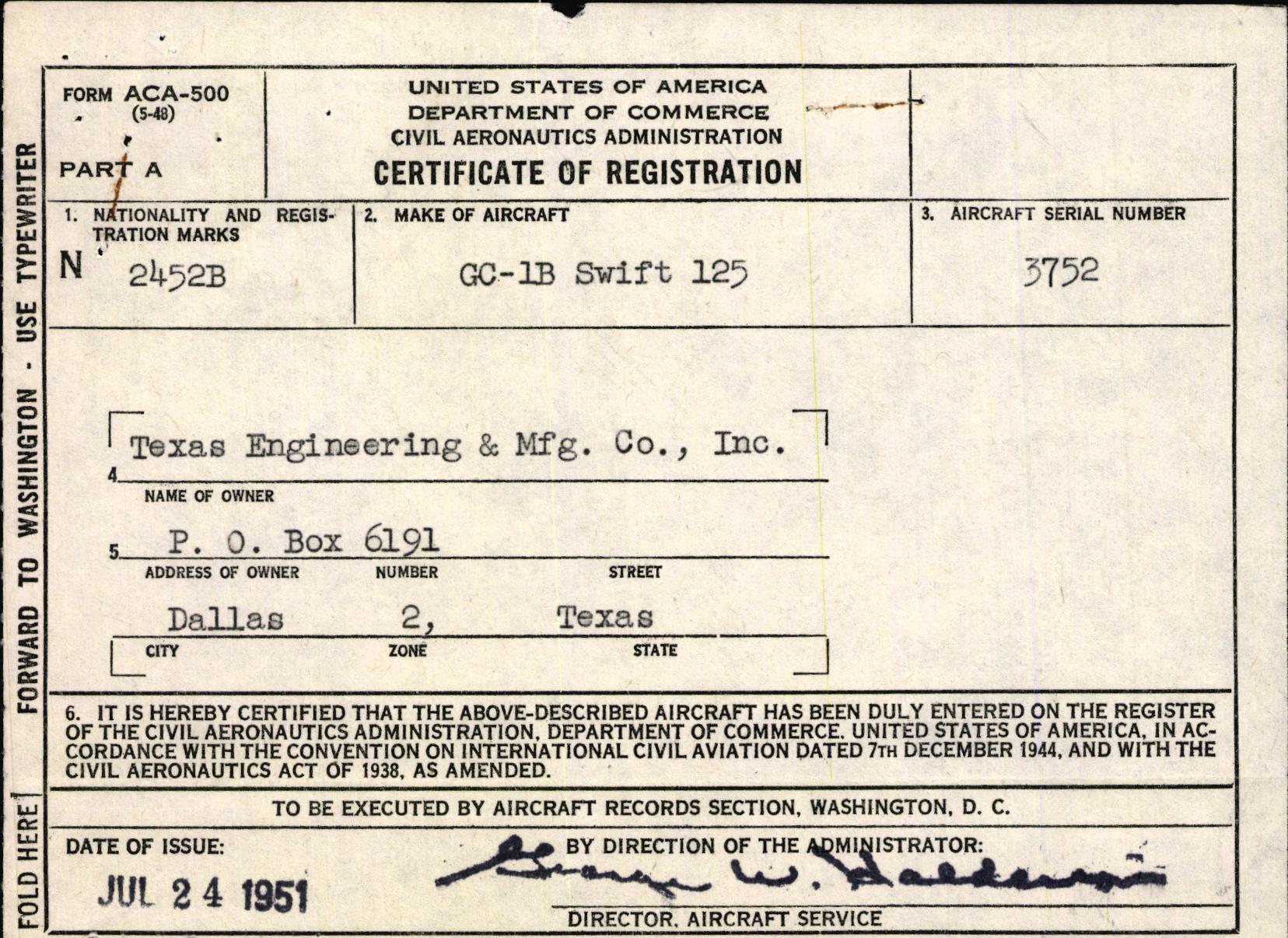 Sample page 1 from AirCorps Library document: Technical Information for Serial Number 3752