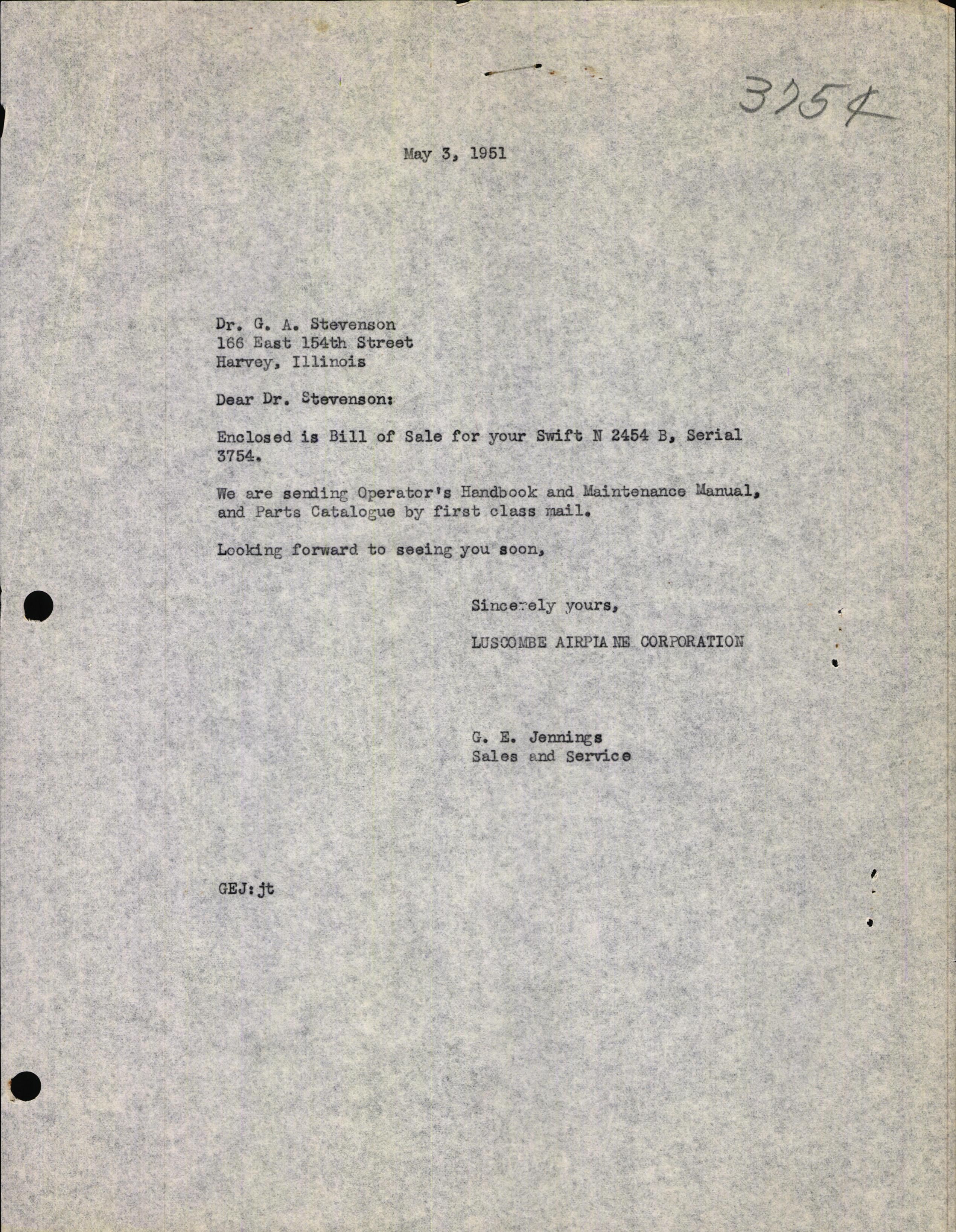 Sample page 1 from AirCorps Library document: Technical Information for Serial Number 3754