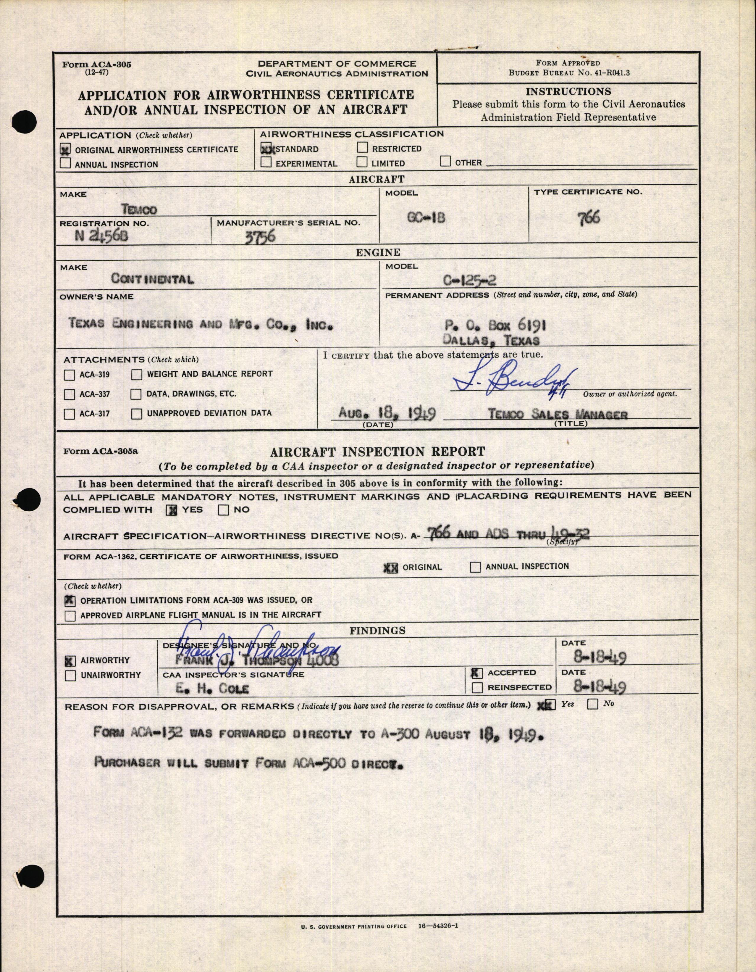 Sample page 1 from AirCorps Library document: Technical Information for Serial Number 3756