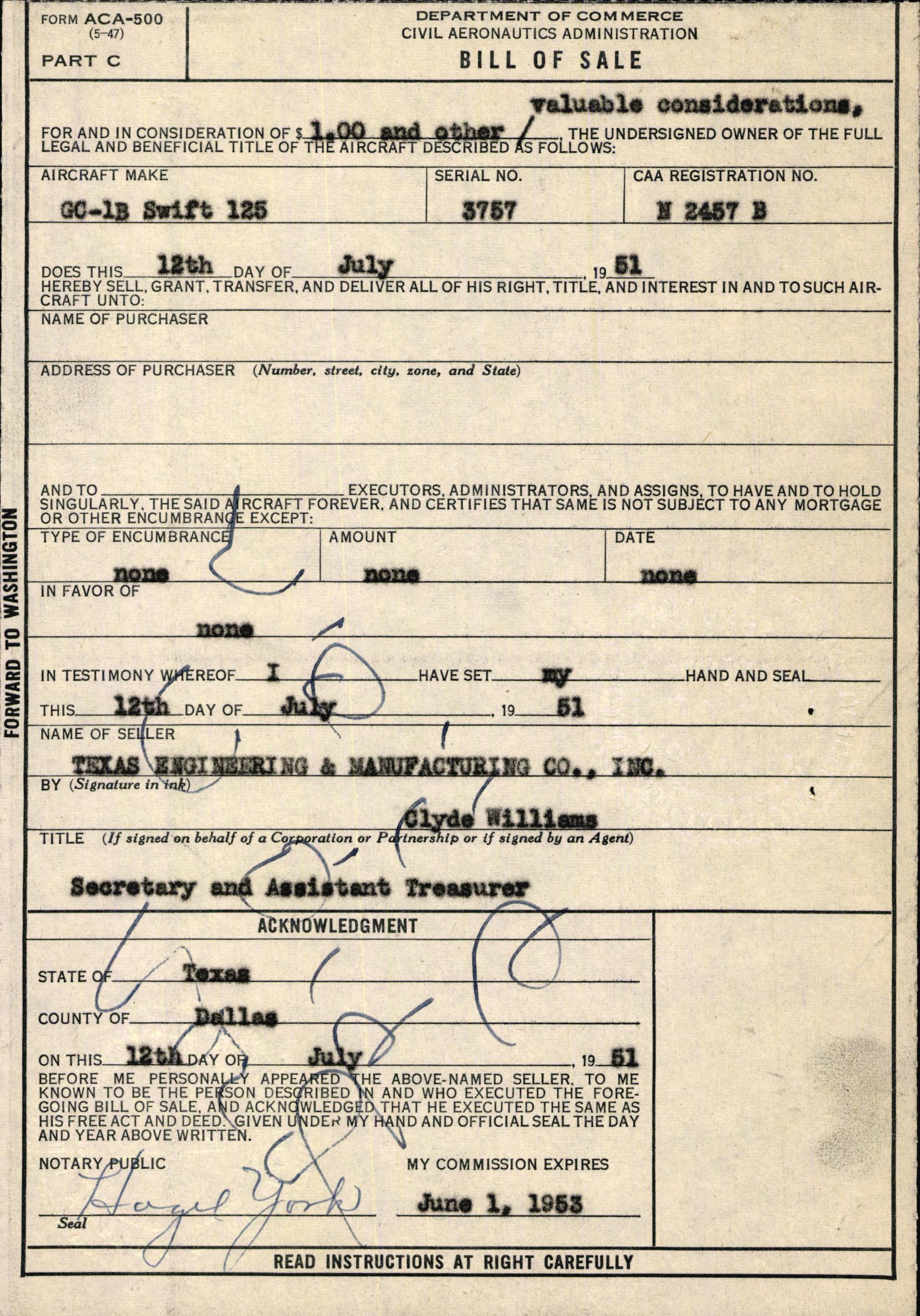 Sample page 1 from AirCorps Library document: Technical Information for Serial Number 3757