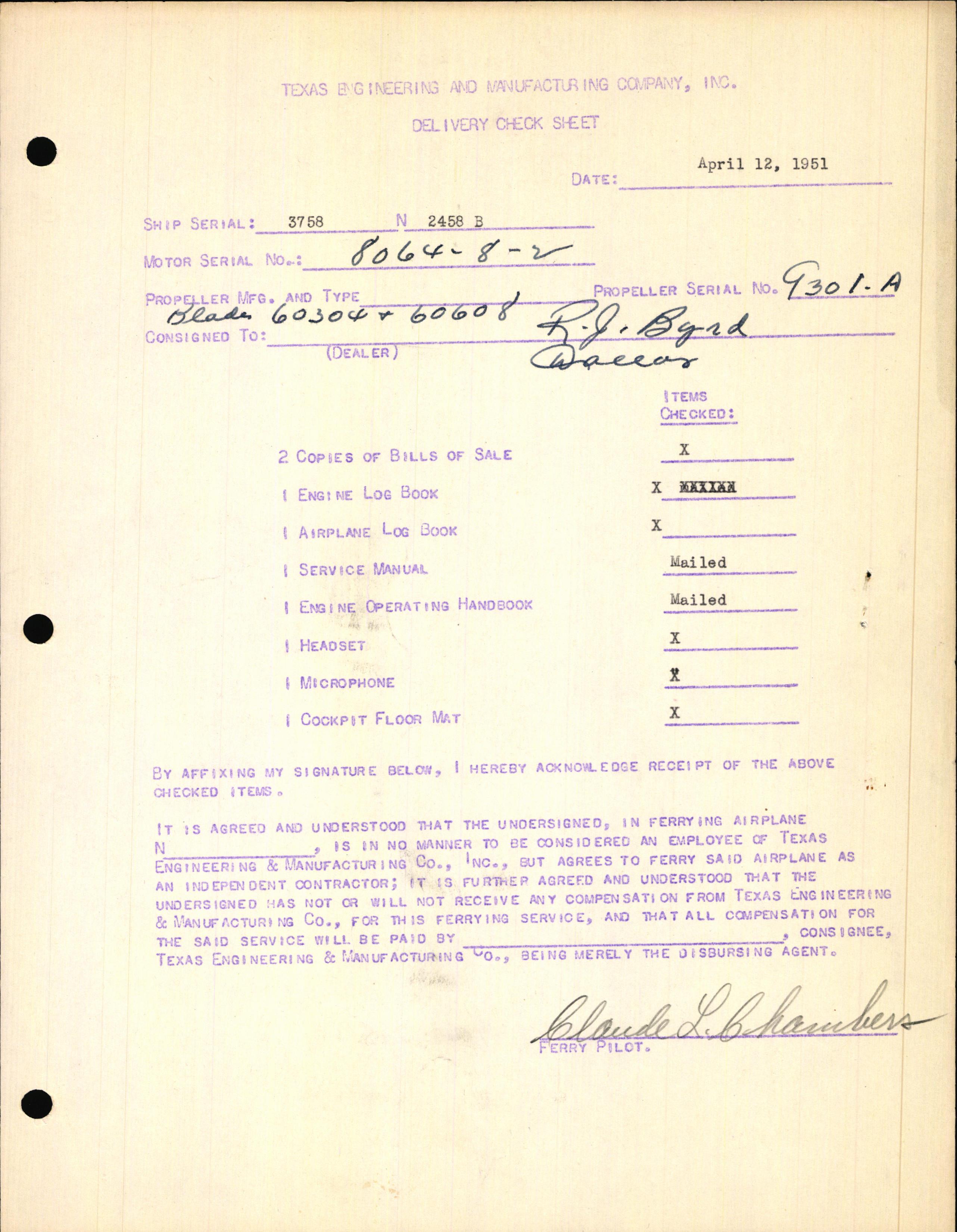 Sample page 1 from AirCorps Library document: Technical Information for Serial Number 3758