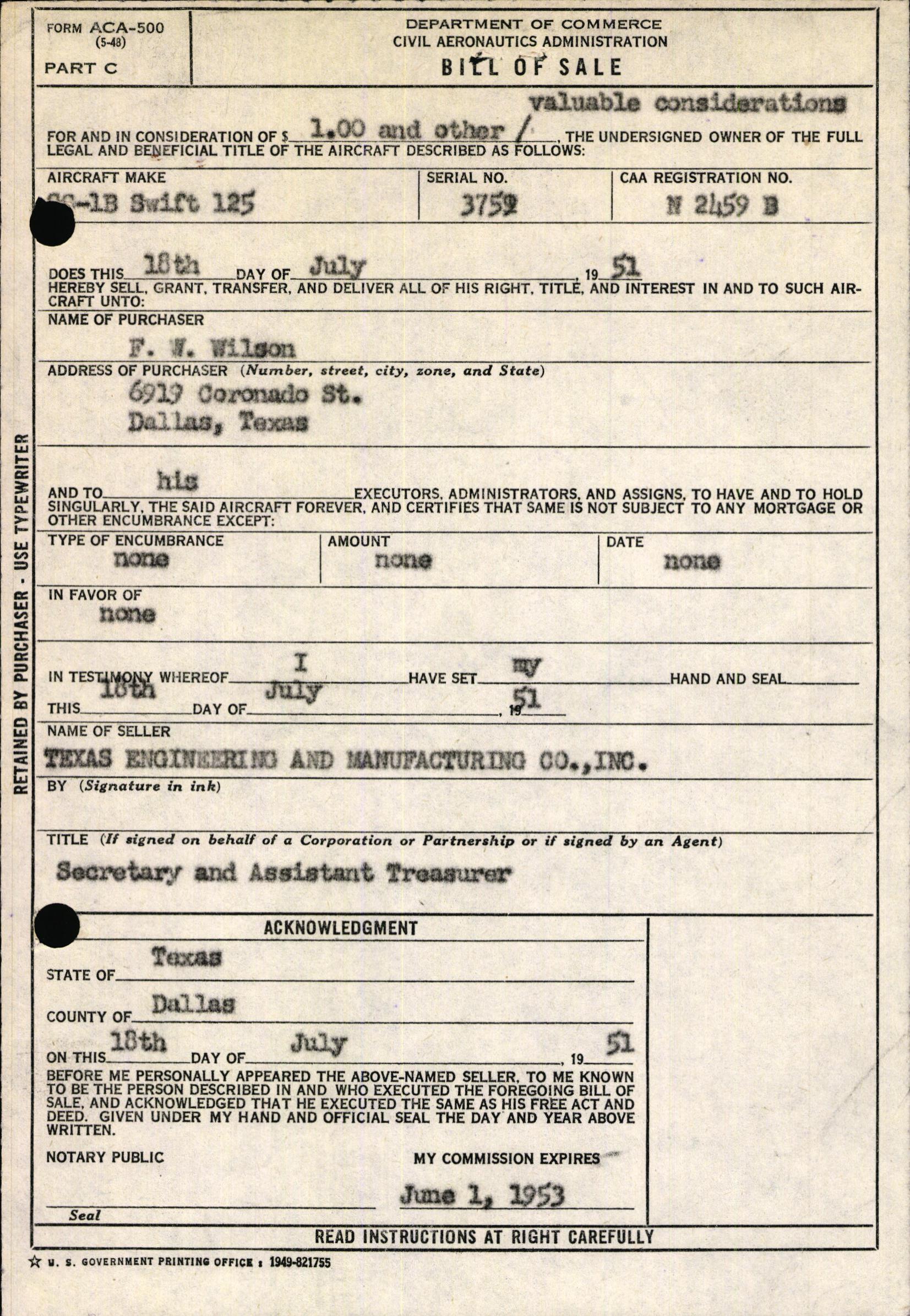 Sample page 1 from AirCorps Library document: Technical Information for Serial Number 3759