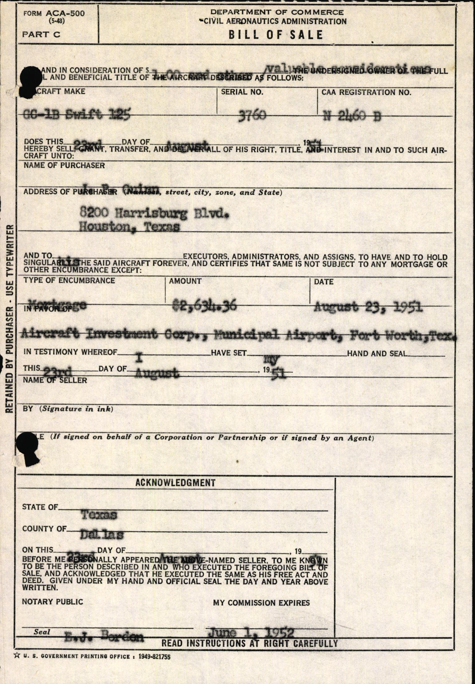 Sample page 1 from AirCorps Library document: Technical Information for Serial Number 3760