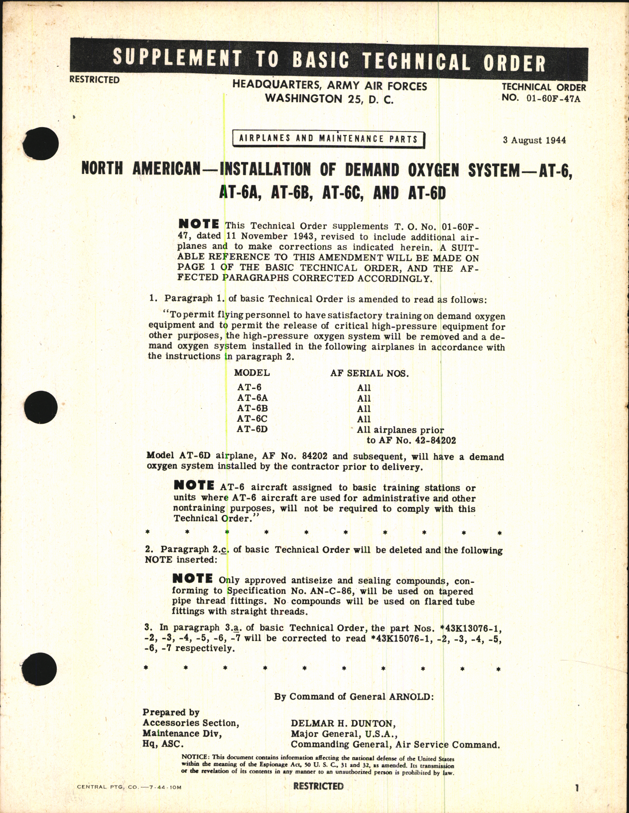 Sample page 1 from AirCorps Library document: Installation of Demand Oxygen System for AT-6, A, B, C, and D