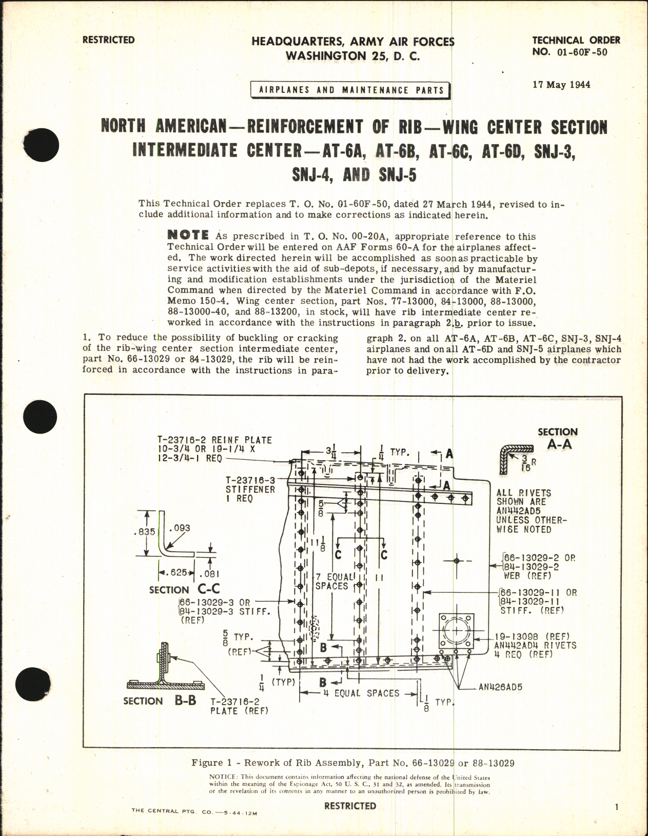 Sample page 1 from AirCorps Library document: Reinforcement of Rib - Wing Center Section Intermediate Center for AT-6A, B, C, D, SNJ-3, -4, and -5