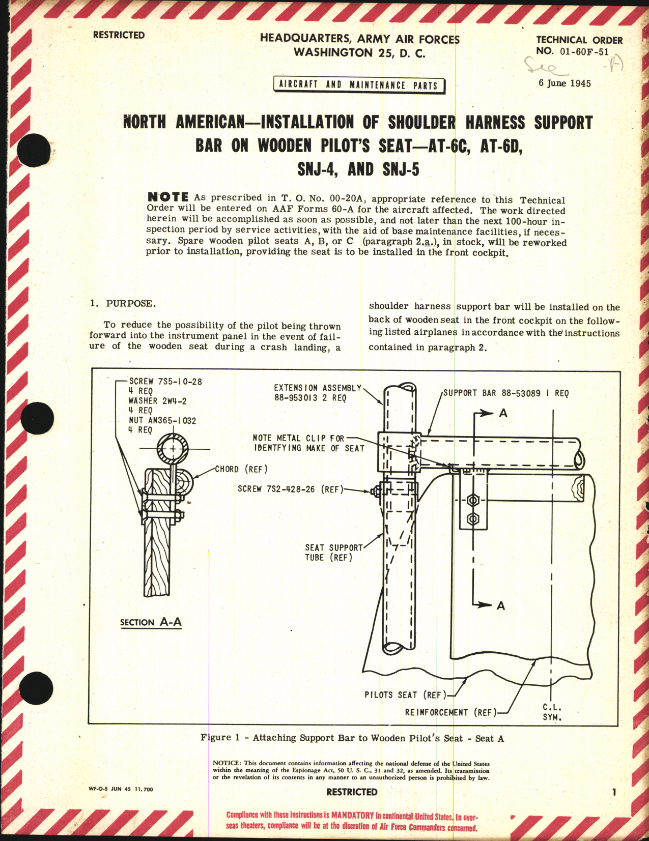 Sample page 1 from AirCorps Library document: Installation of Shoulder Harness Support Bar on Wooden Pilot's Seat for AT-6C, D, SNJ-4 and -5