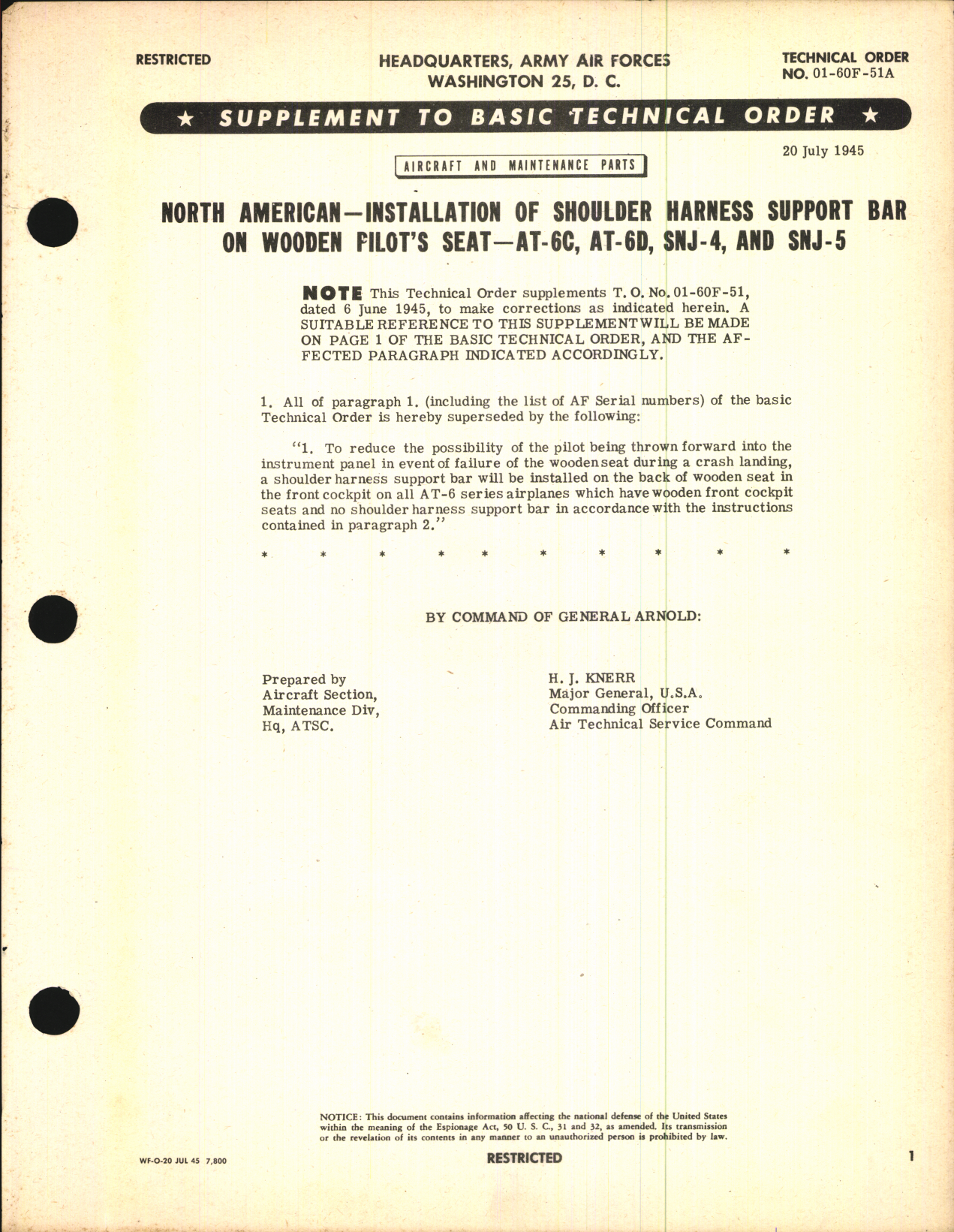 Sample page 1 from AirCorps Library document: Installation of Shoulder Harness Support Bar on Wooden Pilot's Seat for AT-6C, D, SNJ-4 and -5