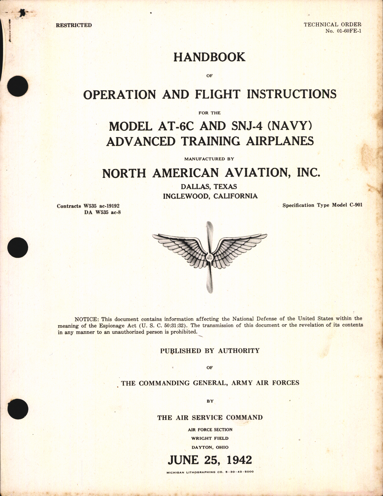 Sample page 1 from AirCorps Library document: Operation and Flight Instructions for AT-6C and SNJ-4 Training Airplanes