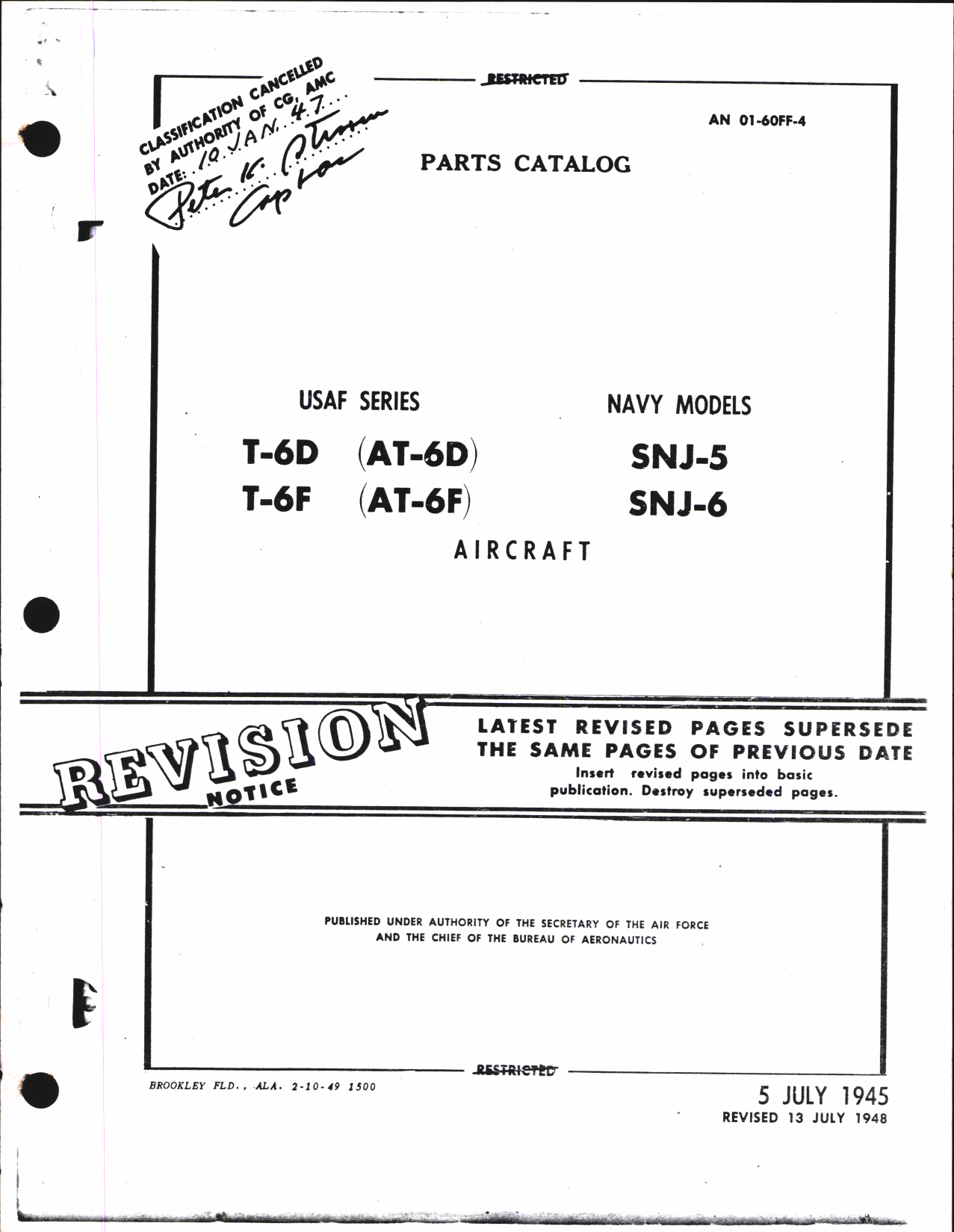 Sample page 1 from AirCorps Library document: Parts Catalog for T-6D (AT-6D), T-6F (AT-6F), SNJ-5, and SNJ-6
