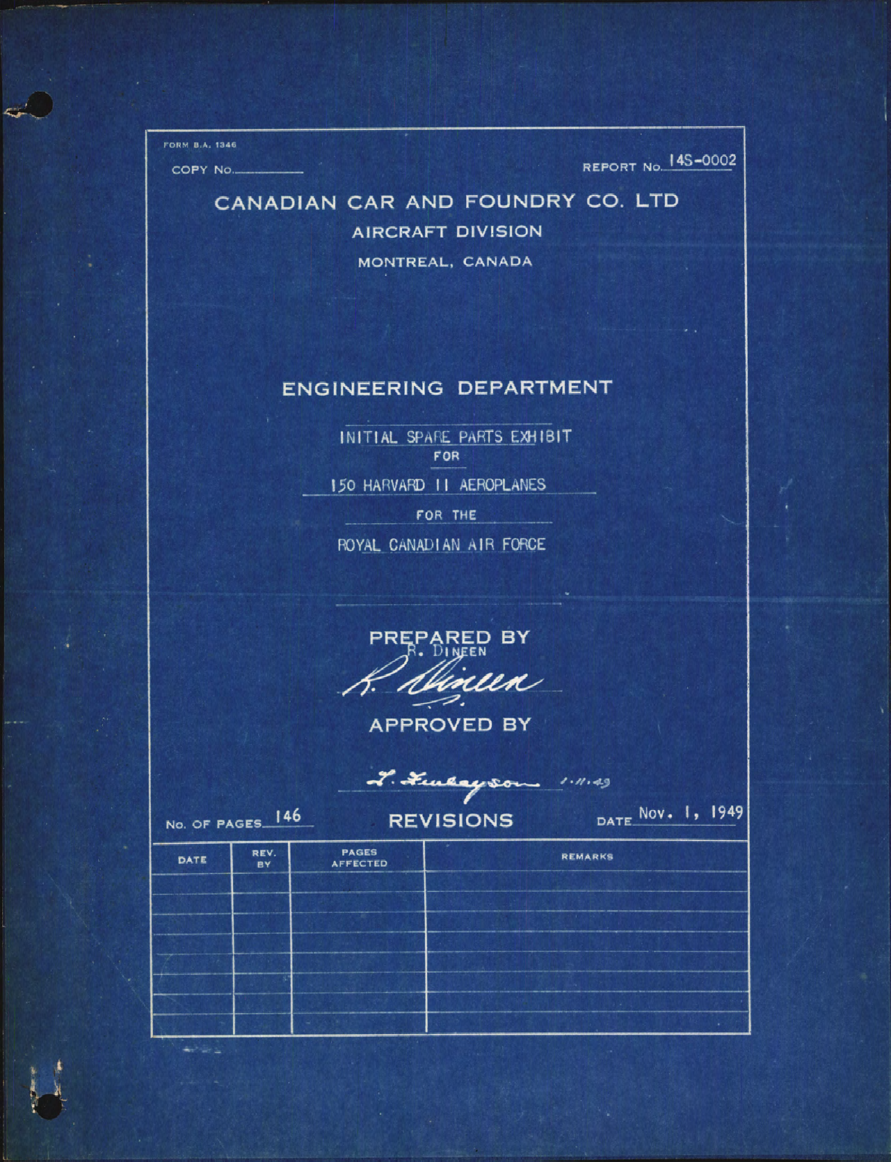 Sample page 1 from AirCorps Library document: Initial Spare Parts Exhibit for 150 Harvard II Aeroplanes