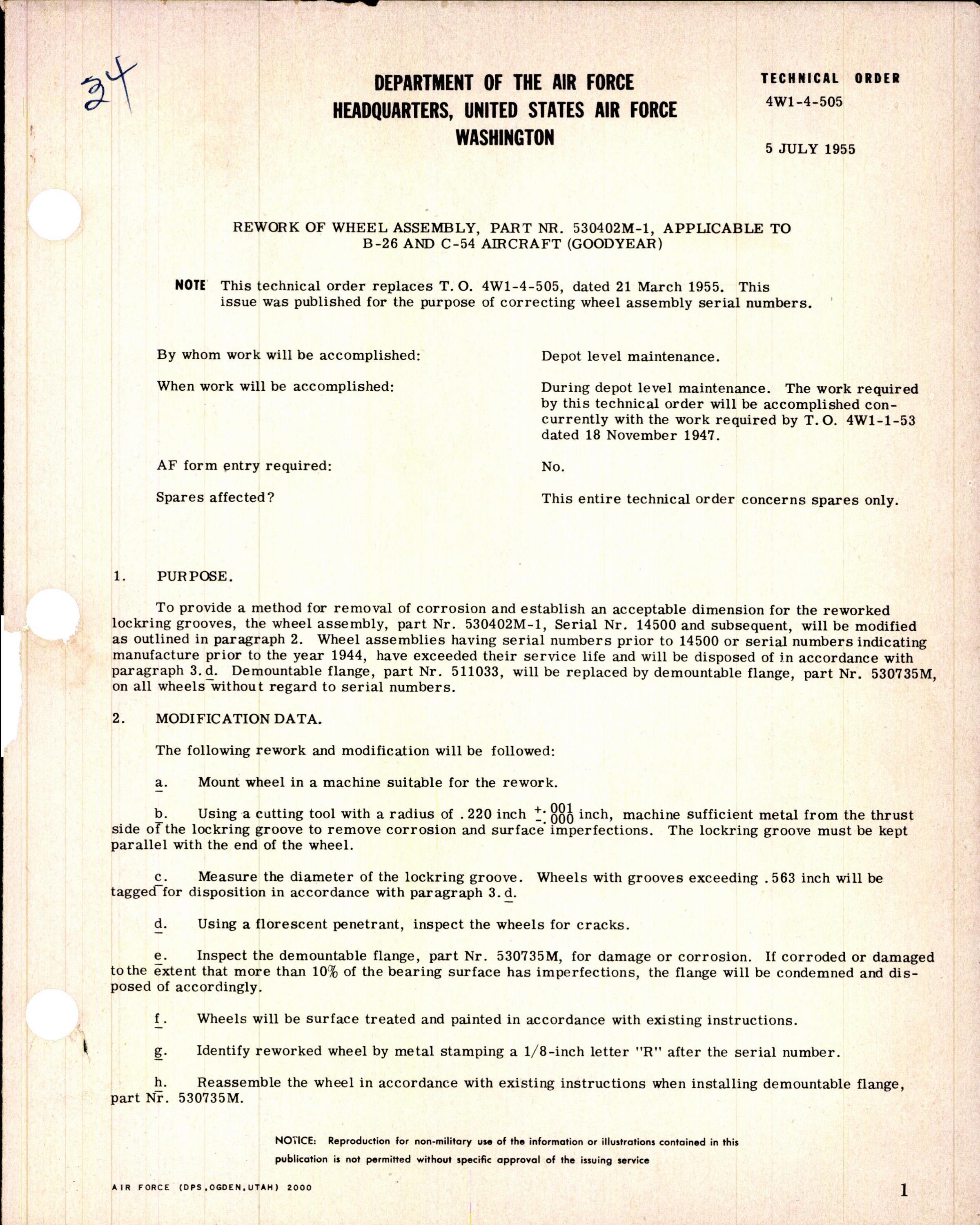Sample page 1 from AirCorps Library document: Rework of Wheel Assembly, Part No 530402M-1 for B-26 and C-54 Aircraft