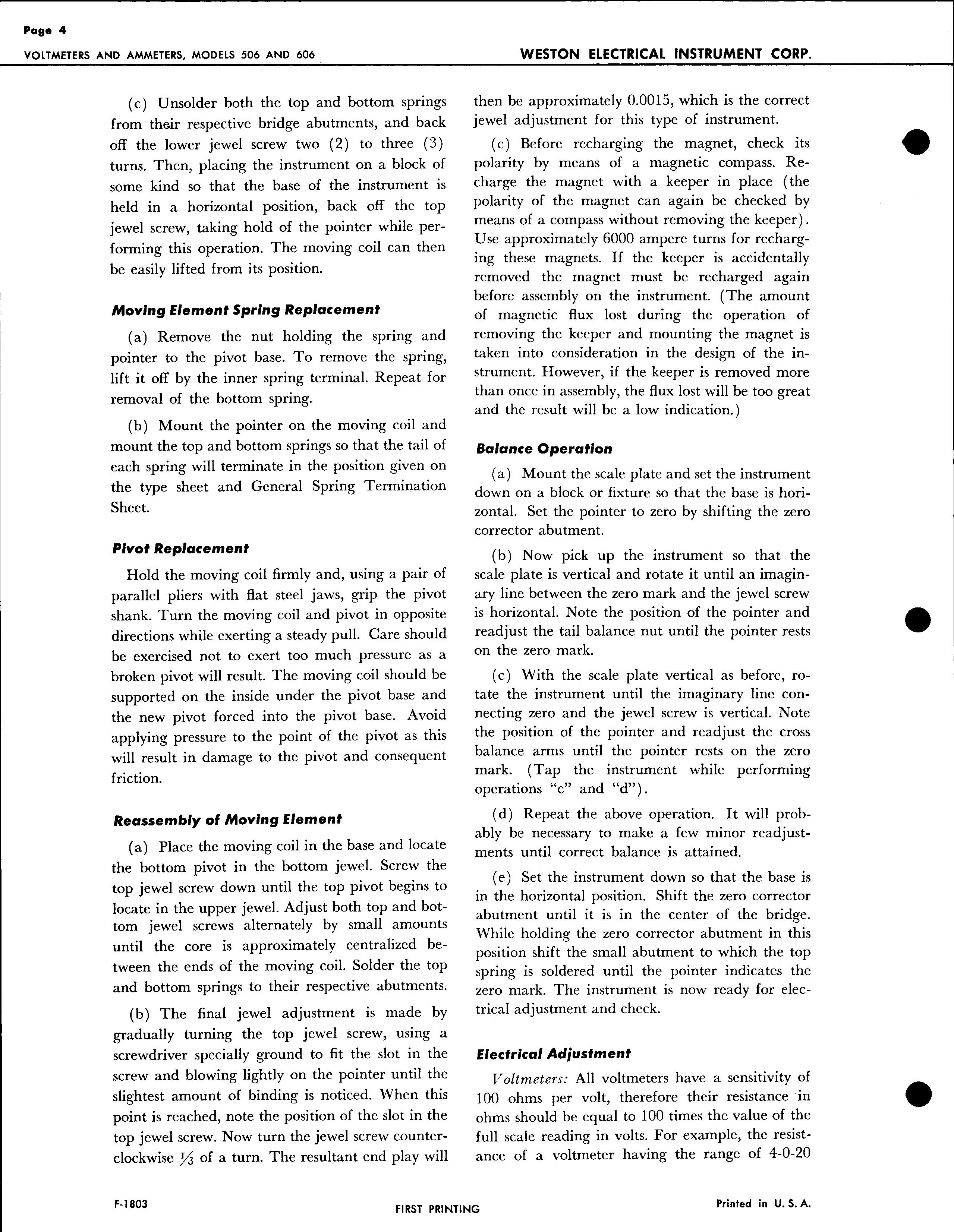 Sample page 4 from AirCorps Library document: Service Instructions for Models 506 & 606 Voltmeters and Ammeters