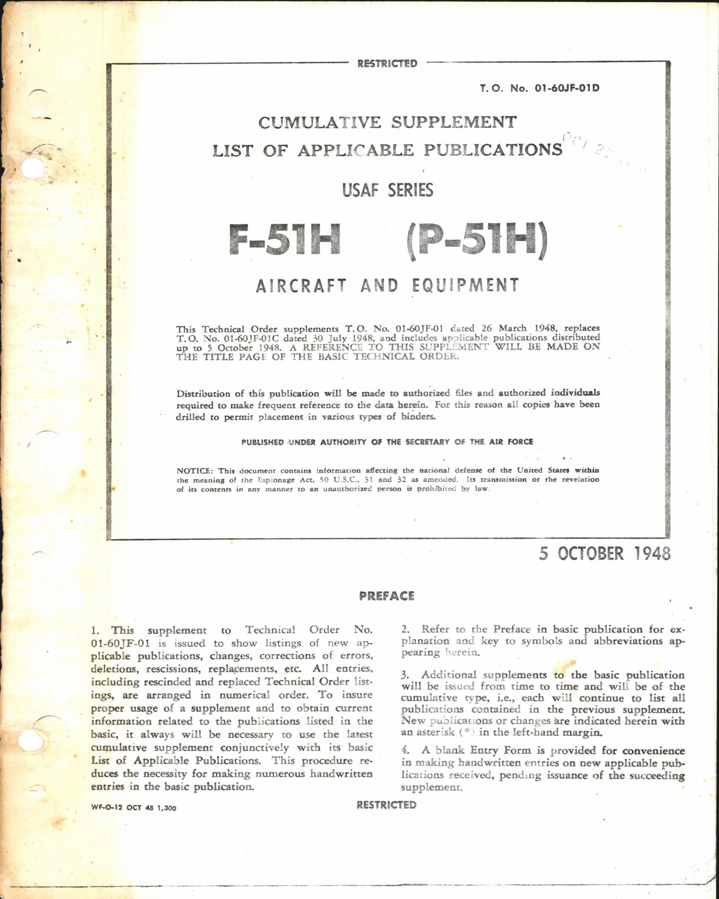 Sample page 1 from AirCorps Library document: Cumulative Supplement List of Applicable Publications for F-51H
