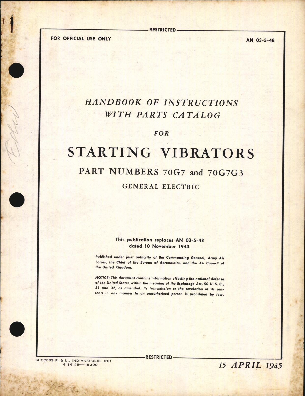 Sample page 1 from AirCorps Library document: Handbook of Instructions with Parts Catalog for Starting Vibrators 70G7 and 70G7G3