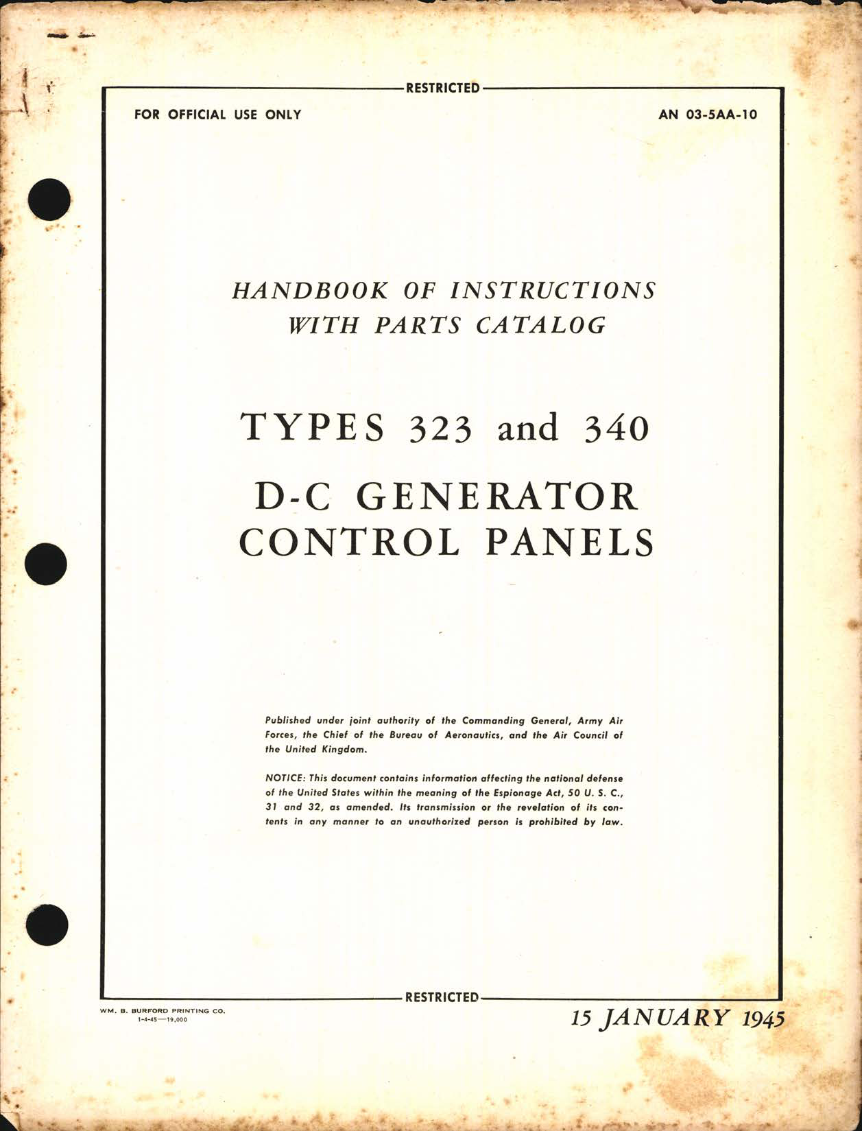 Sample page 1 from AirCorps Library document: Handbook of Instructions with Parts Catalog for Types 323 and 340 D-C Generator Control Panels