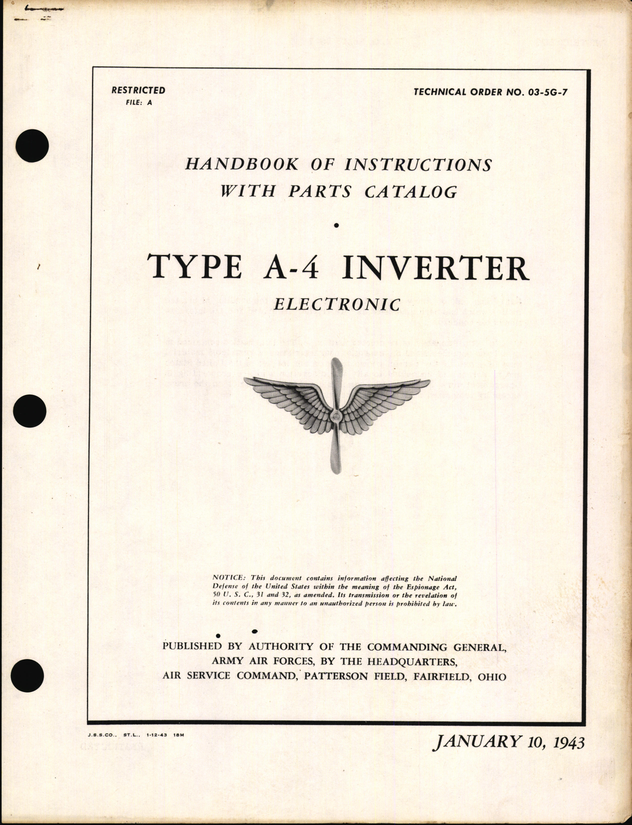 Sample page 1 from AirCorps Library document: Handbook of Instructions with Parts Catalog for Type A-4 Inverter
