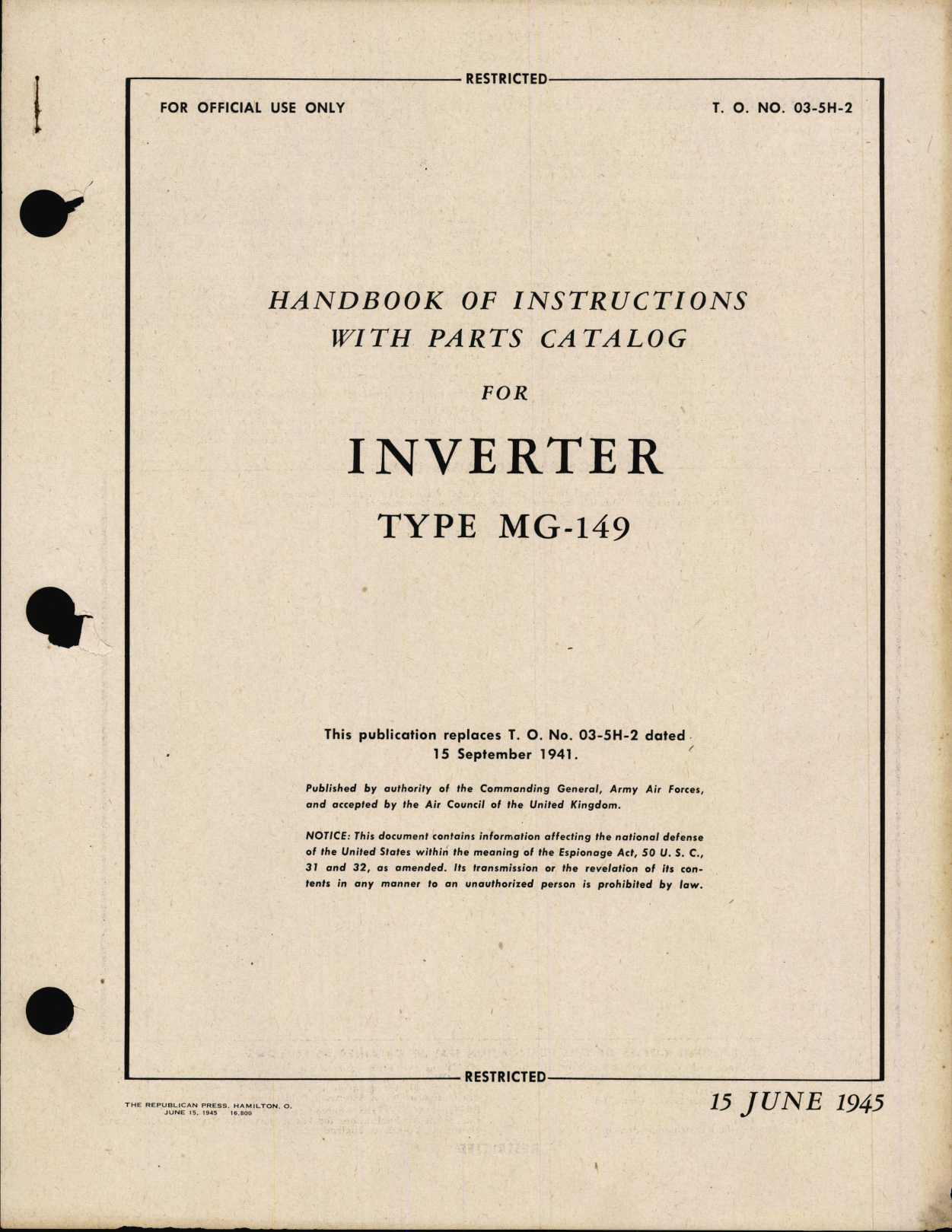 Sample page 1 from AirCorps Library document: Handbook of Instructions with Parts Catalog for Inverter Type MG-149