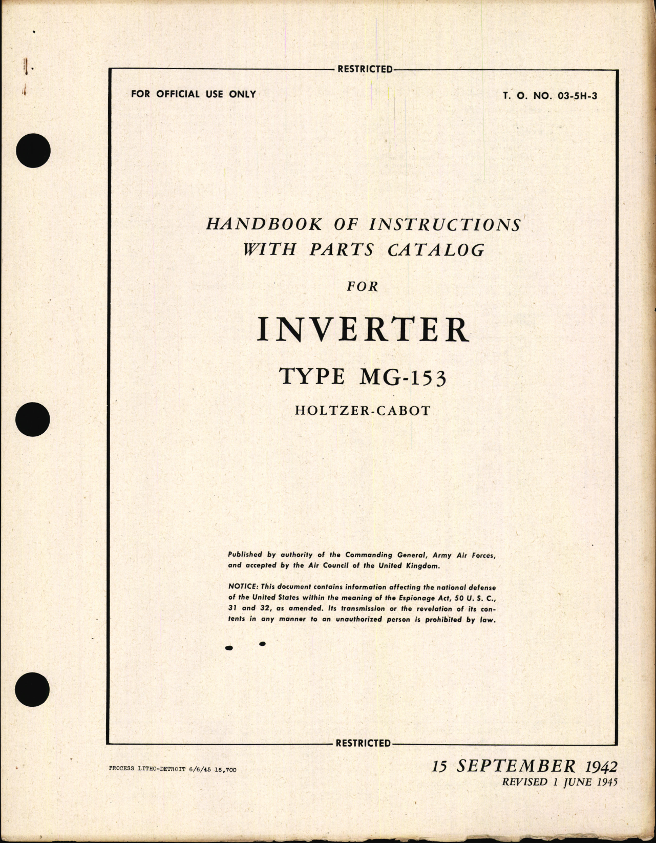 Sample page 1 from AirCorps Library document: Handbook of Instructions with Parts Catalog for Inverter Type MG-153