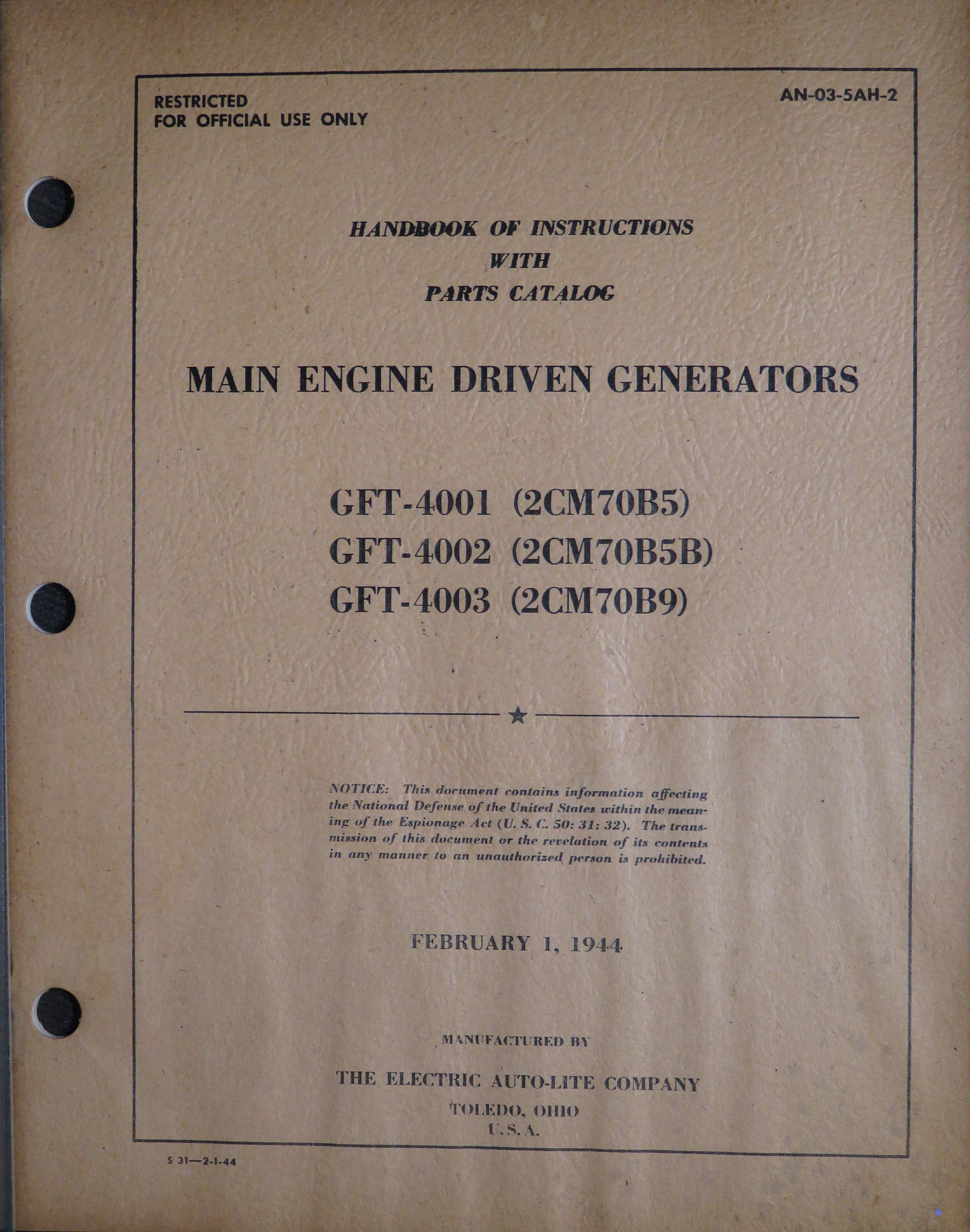 Sample page 1 from AirCorps Library document: Handbook of Instructions with Parts Catalog for Main Engine Driven Generators