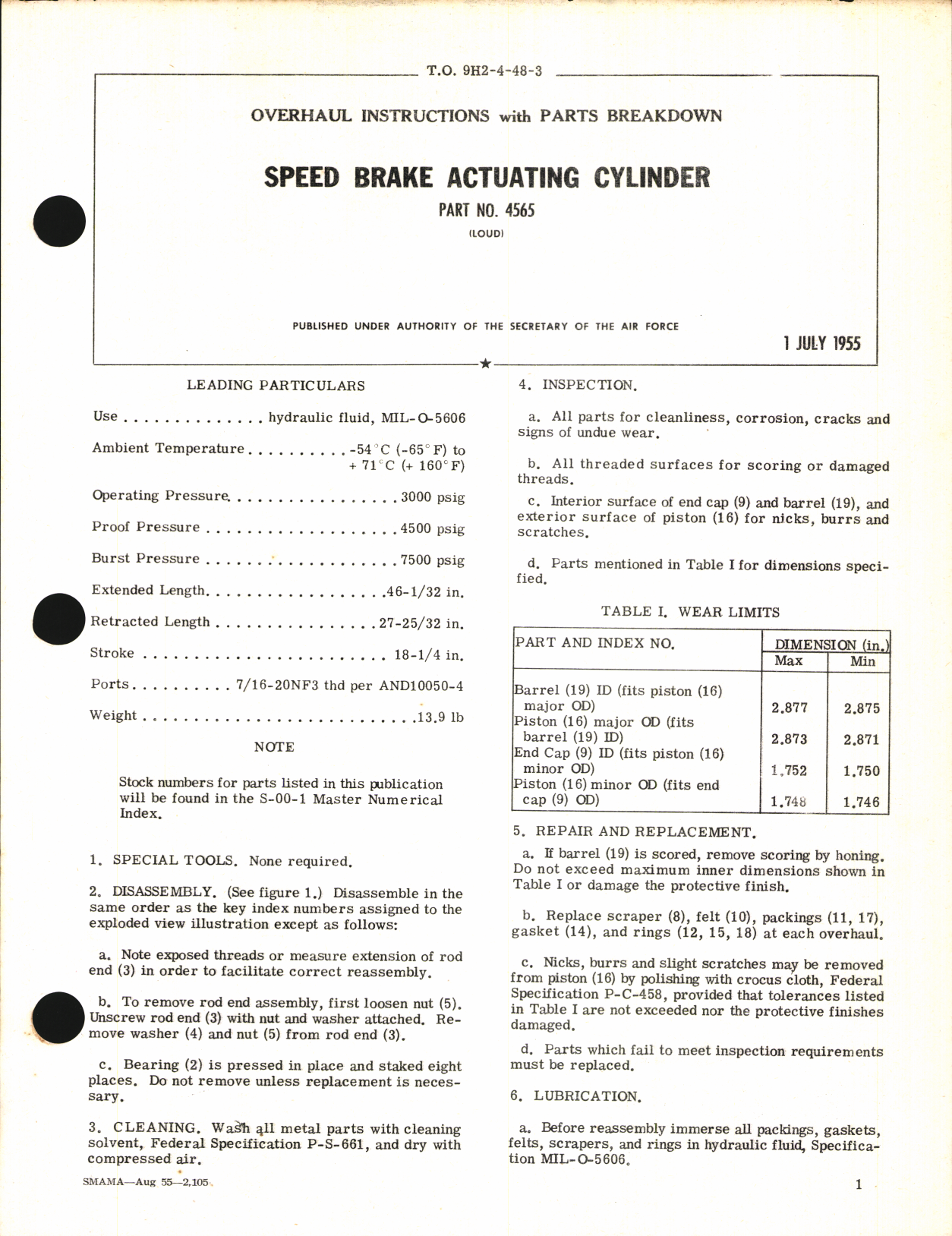 Sample page 1 from AirCorps Library document: Overhaul Instructions with Parts Breakdown for Speed Brake Actuating Cylinder Part No. 4565