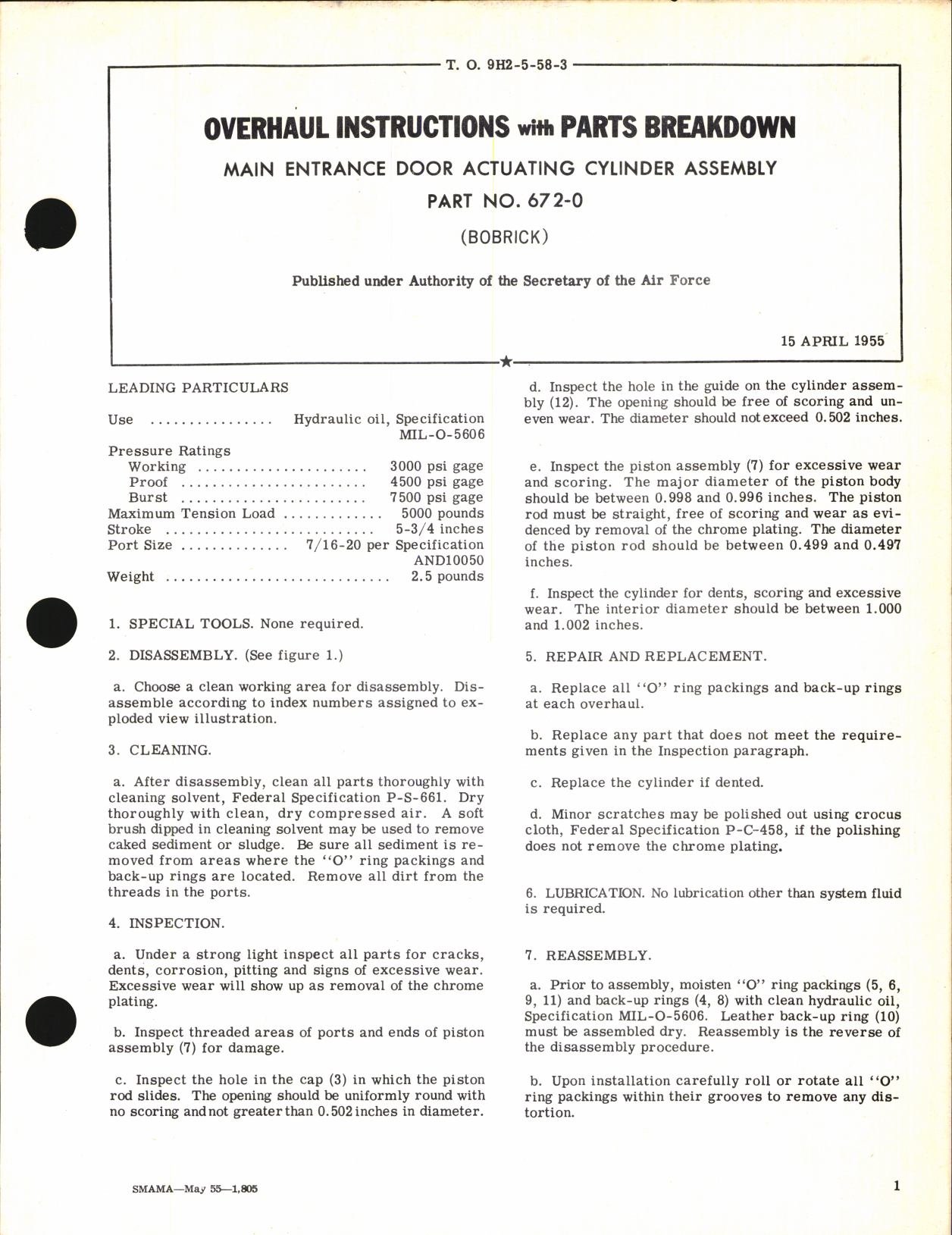 Sample page 1 from AirCorps Library document: Overhaul Instructions with Parts Breakdown for Main Entrance Door Actuating Cylinder Assembly Part No. 672-0