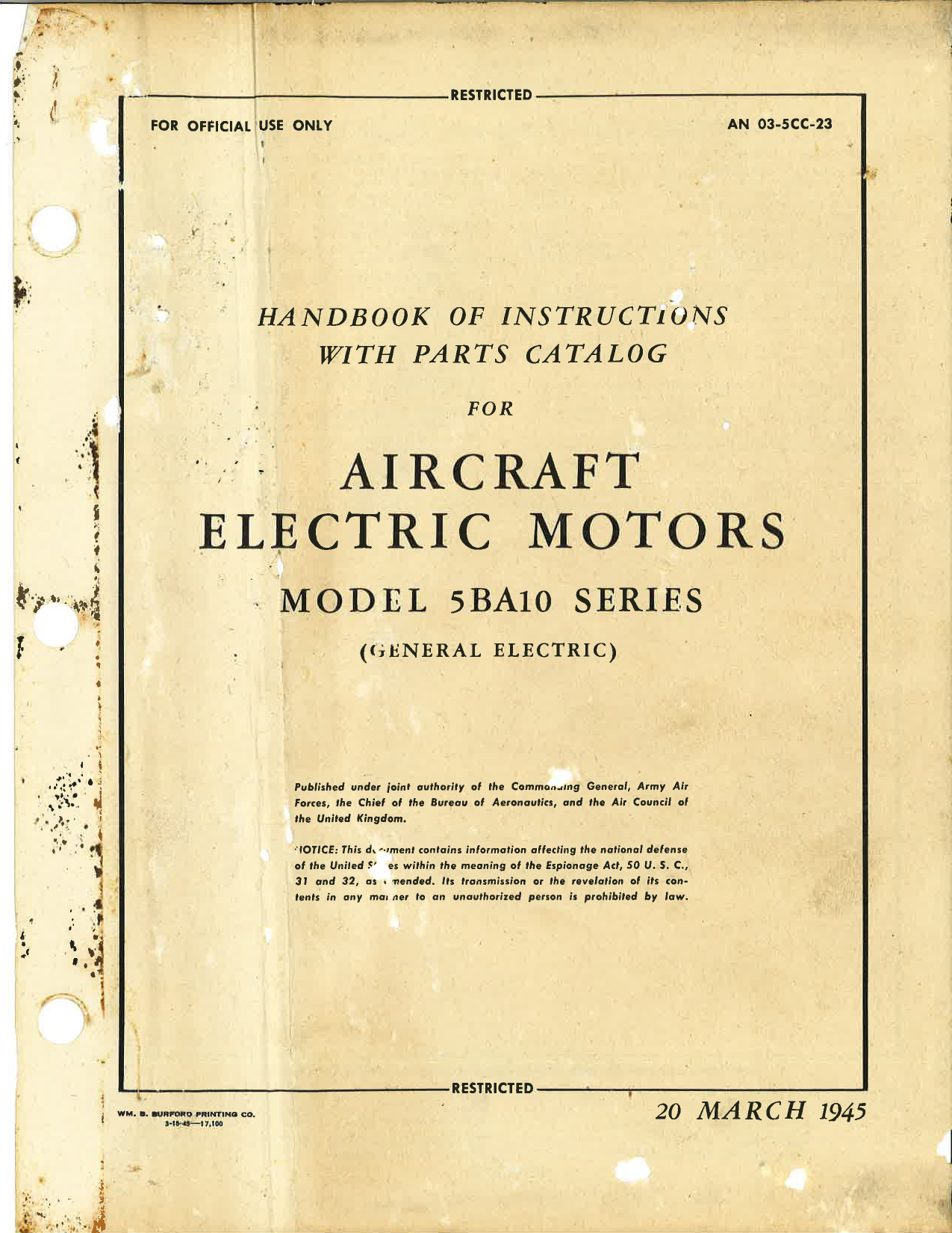 Sample page 1 from AirCorps Library document: Handbook of Instructions with Parts Catalog for Aircraft Electric Motors Model 5BA10 Series