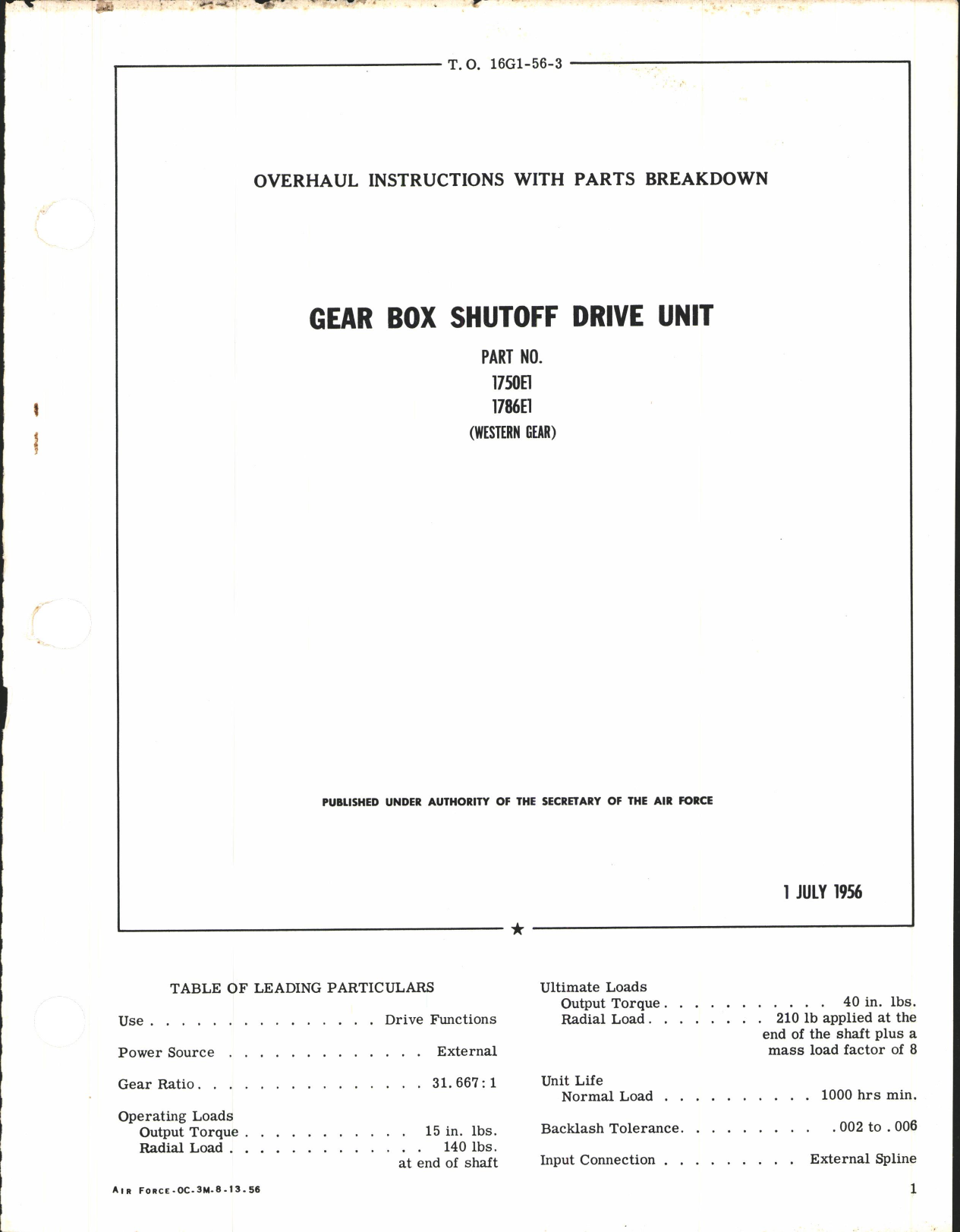 Sample page 1 from AirCorps Library document: Overhaul Instructions with Parts Breakdown for Gear Box Shutoff Drive Unit Part No. 1750E1and 1786E1