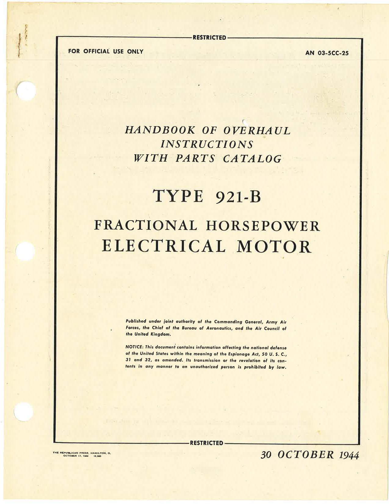 Sample page 1 from AirCorps Library document: Overhaul Instructions with Parts Catalog for Type 921-B Fractional Horsepower Electrical Motor