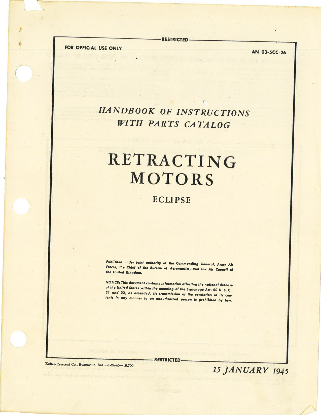 Sample page 1 from AirCorps Library document: Handbook of Instructions with Parts Catalog for Retracting Motors